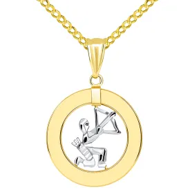 14k Two Tone Gold Open Circle Sagittarius Zodiac Sign Pendant Cuban Necklace