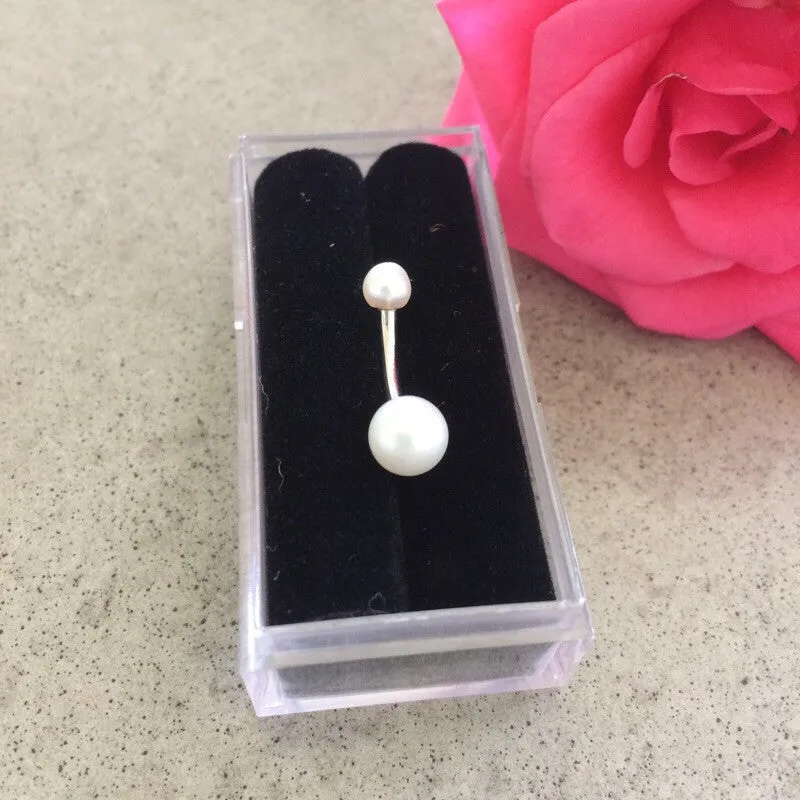 14K White Gold Cultured Pearl Belly Button Bars