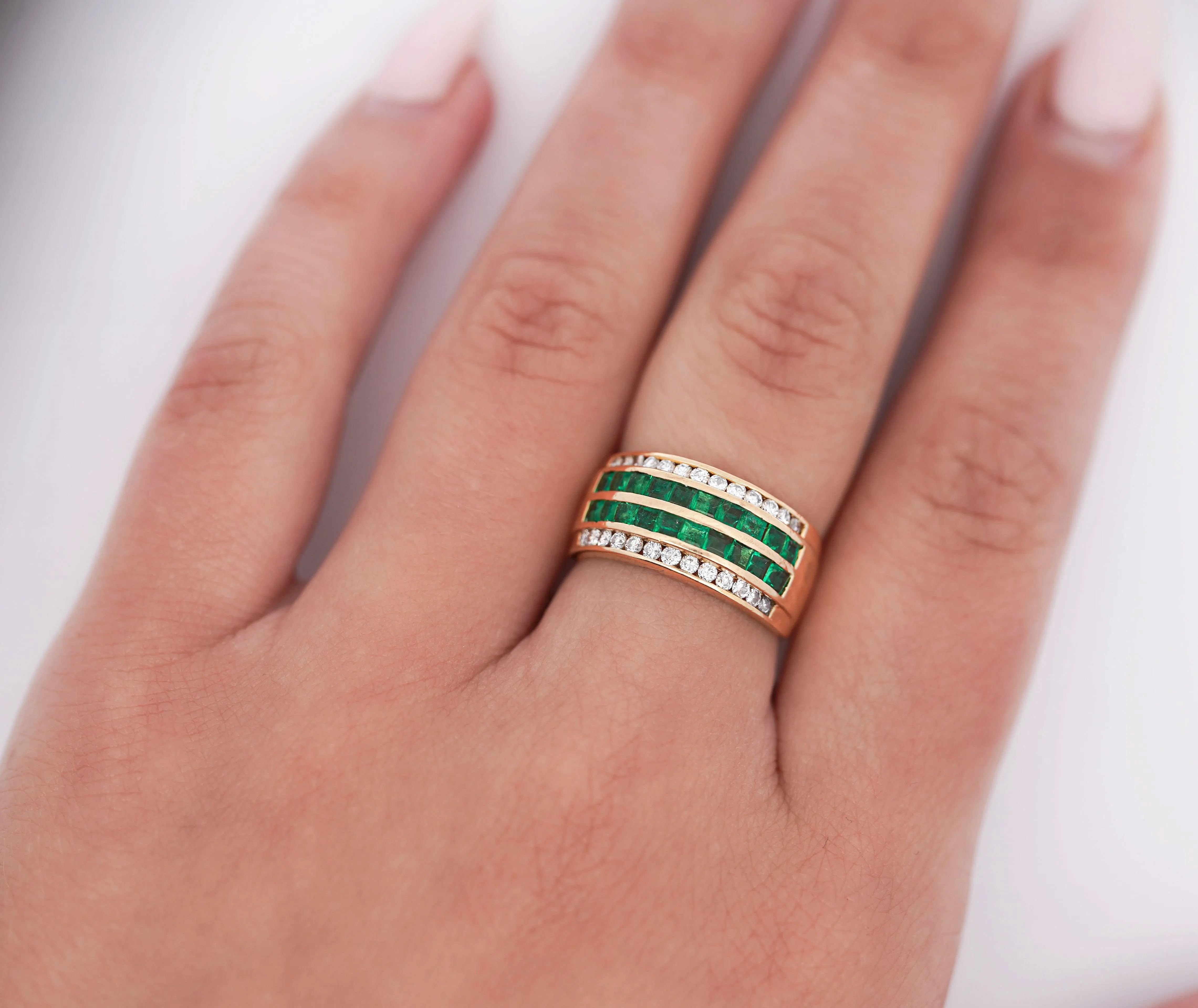 18K Gold Square Emerald and Round Diamond Channel Set Band Ring