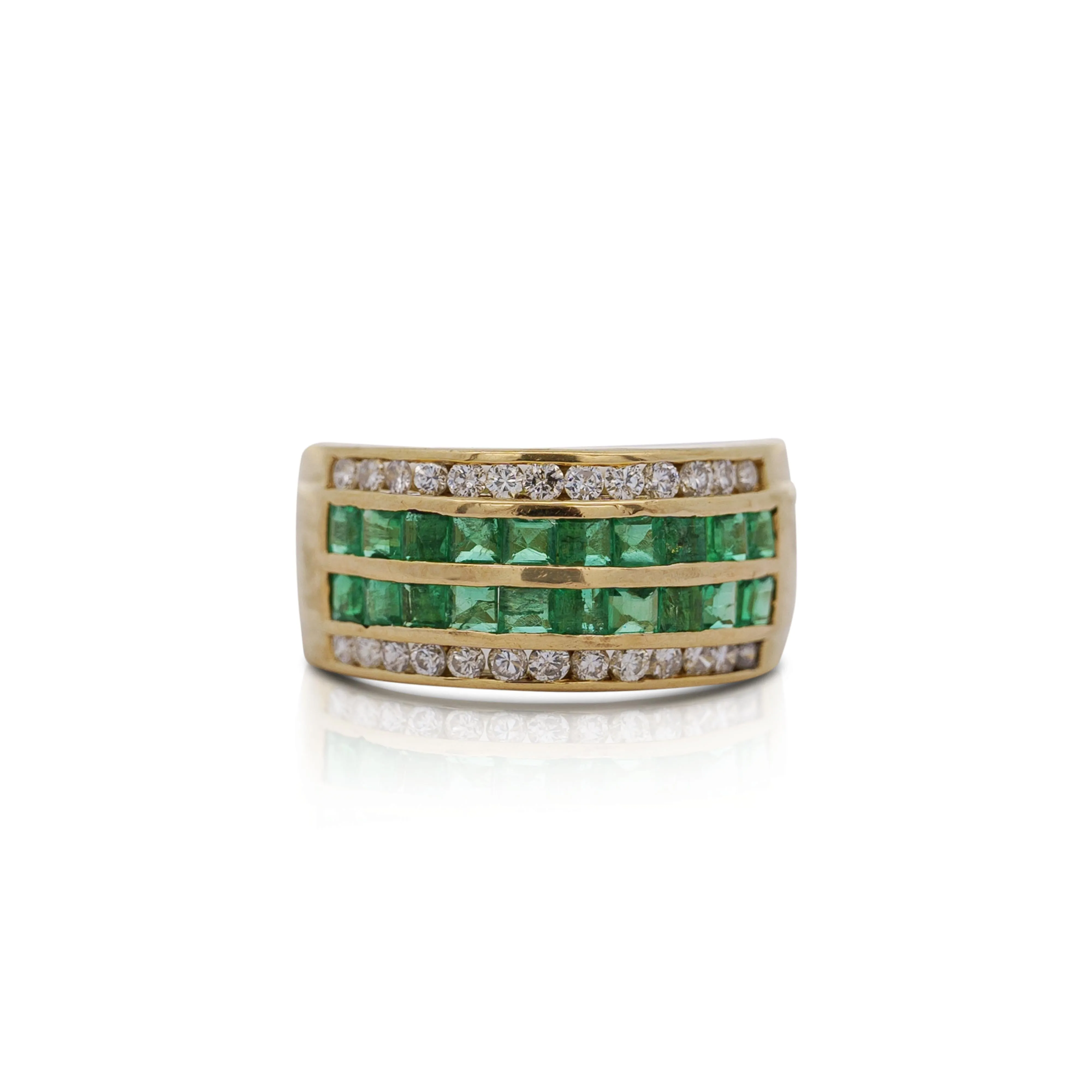 18K Gold Square Emerald and Round Diamond Channel Set Band Ring