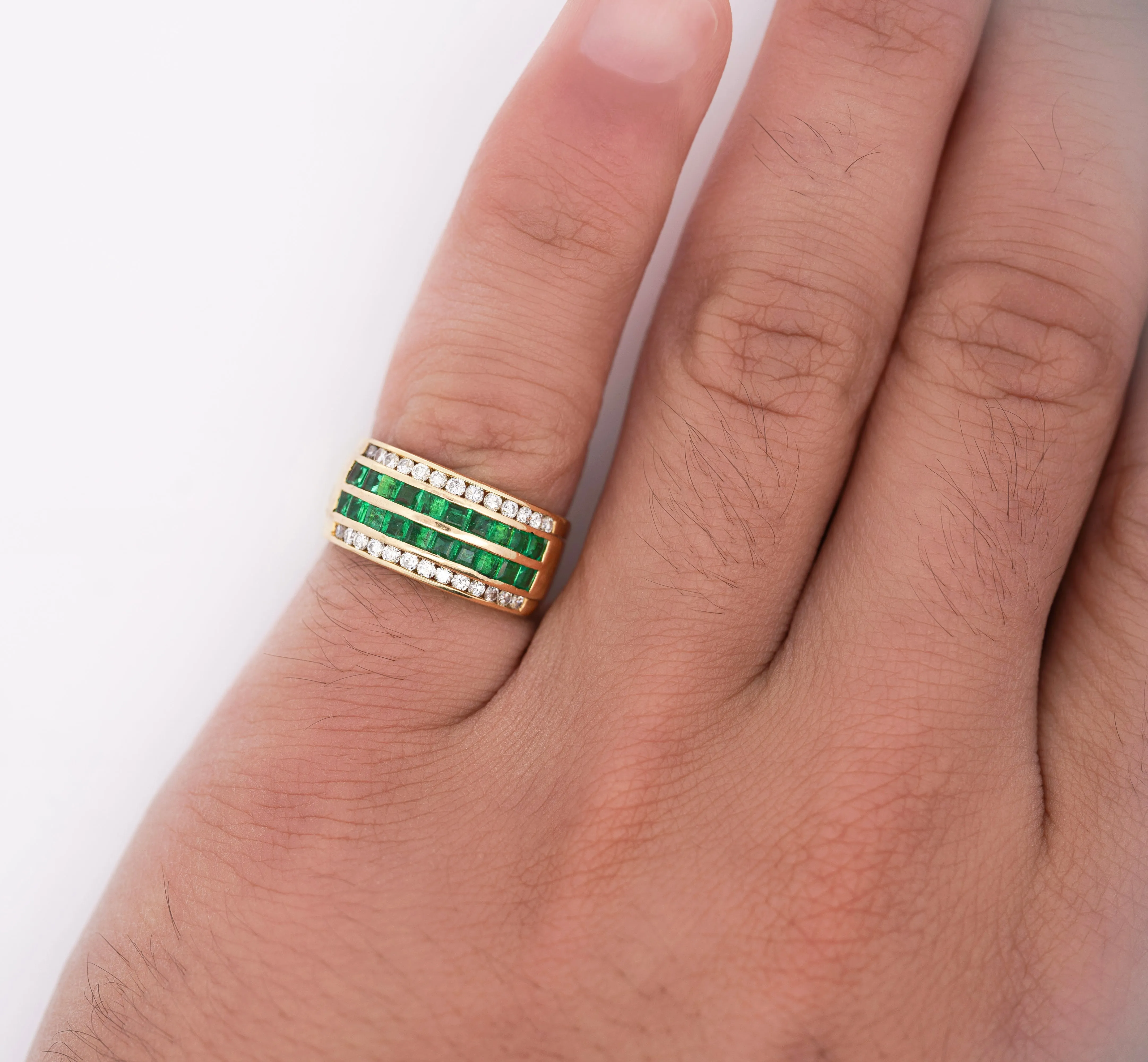 18K Gold Square Emerald and Round Diamond Channel Set Band Ring