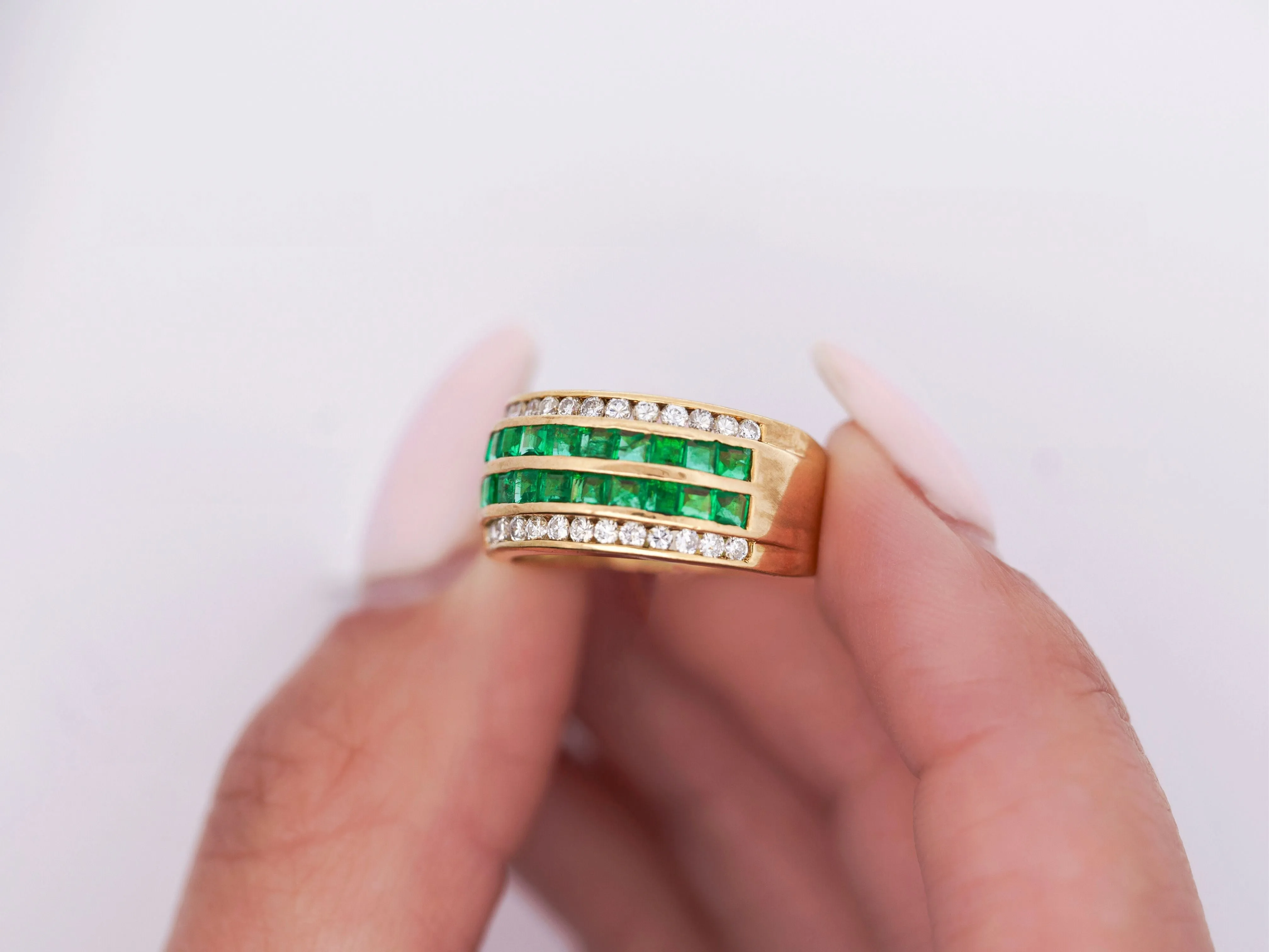 18K Gold Square Emerald and Round Diamond Channel Set Band Ring