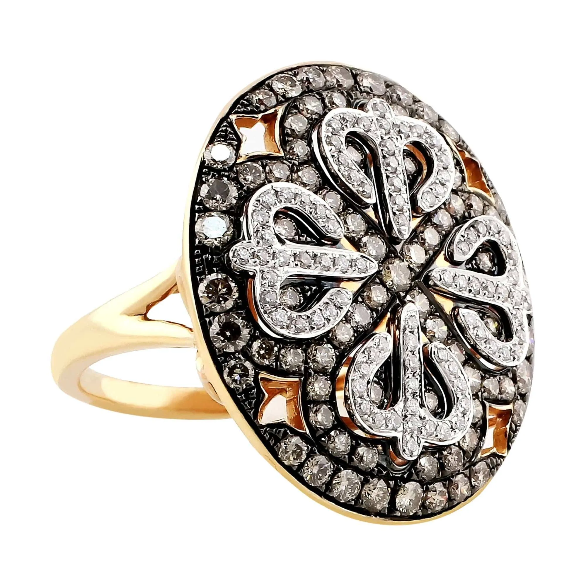 18K Rose Gold Brown and White Diamond Round Filigree Ring