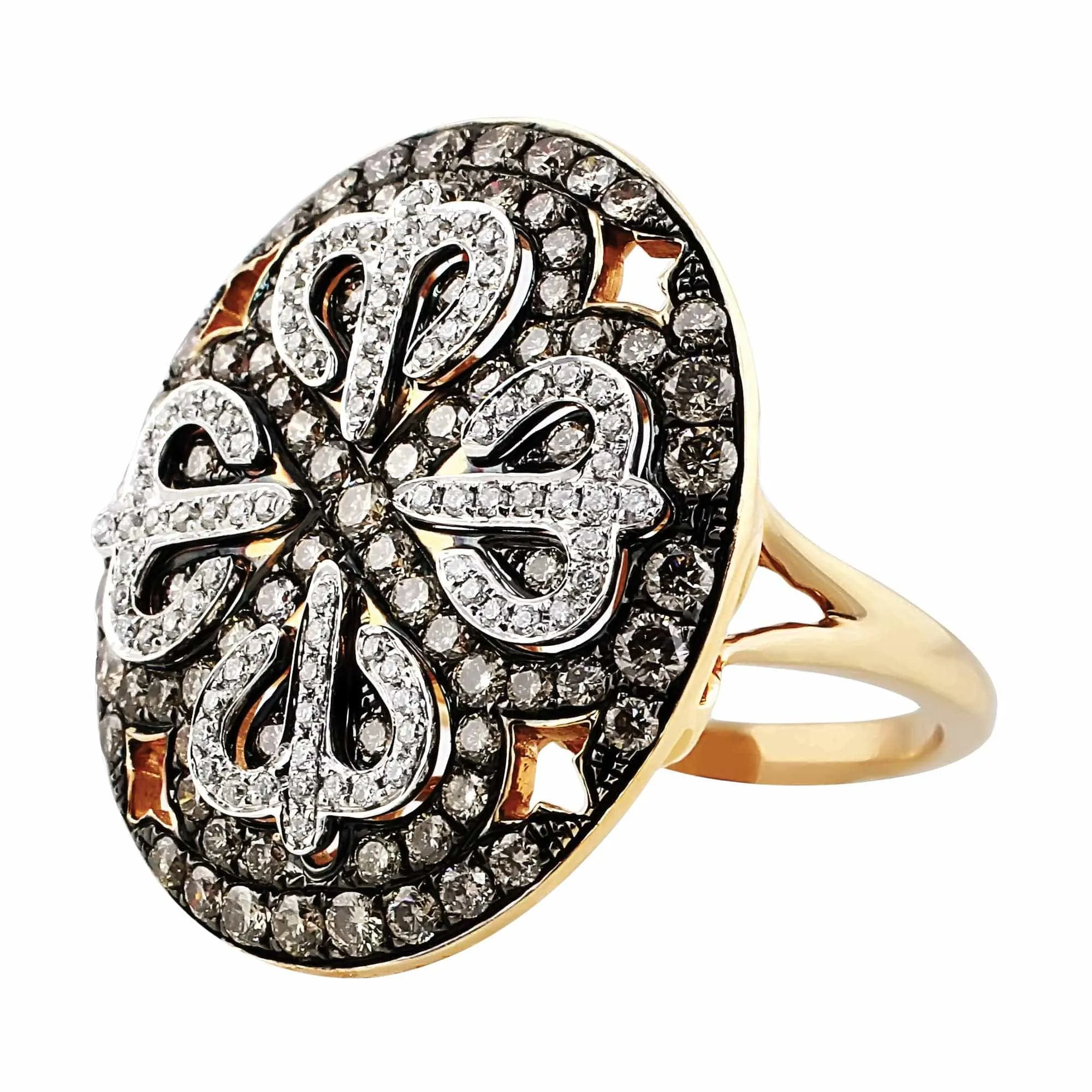 18K Rose Gold Brown and White Diamond Round Filigree Ring