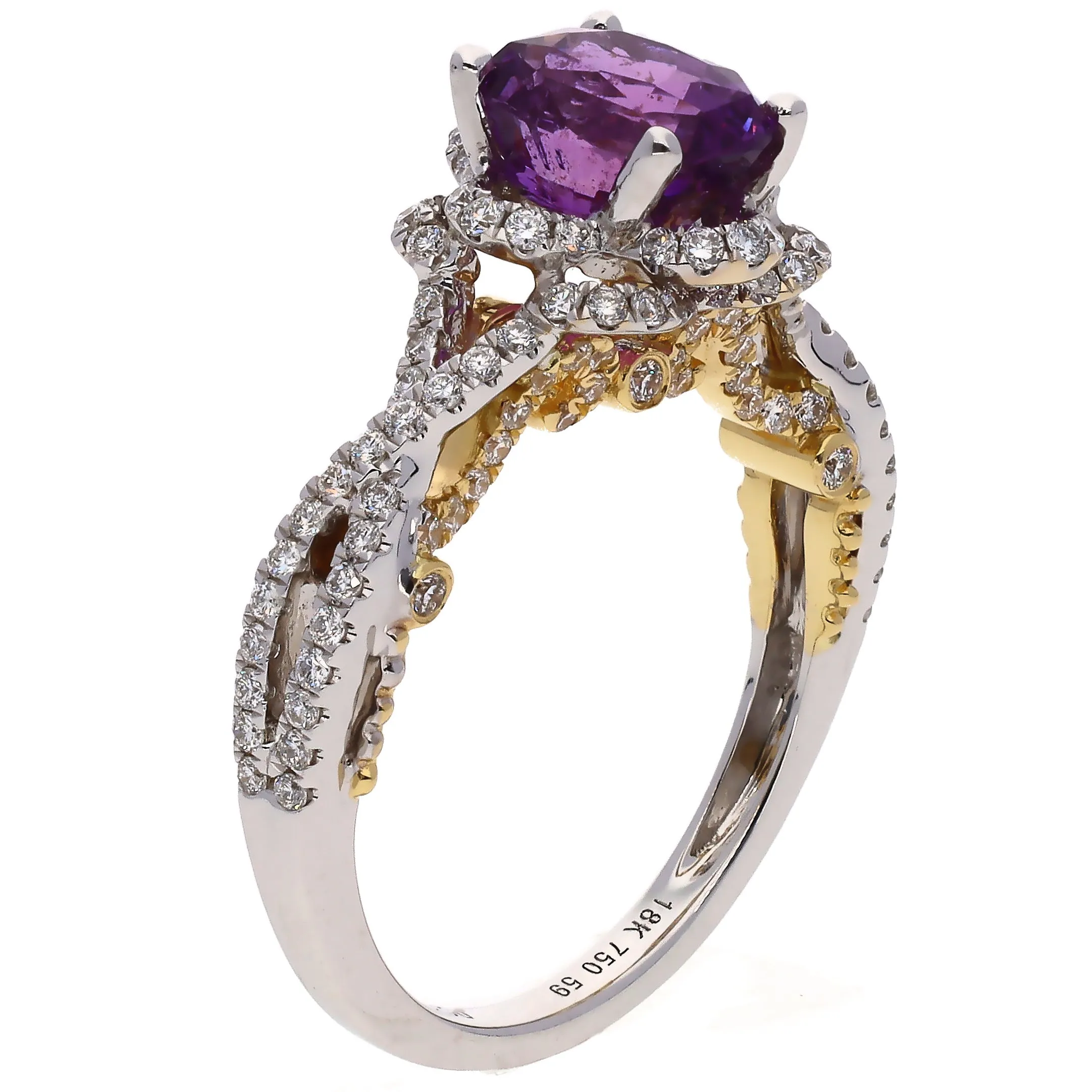 18K Two Tone White & Yellow Gold Oval Purple Sapphire and Diamond Ring Size 6.5