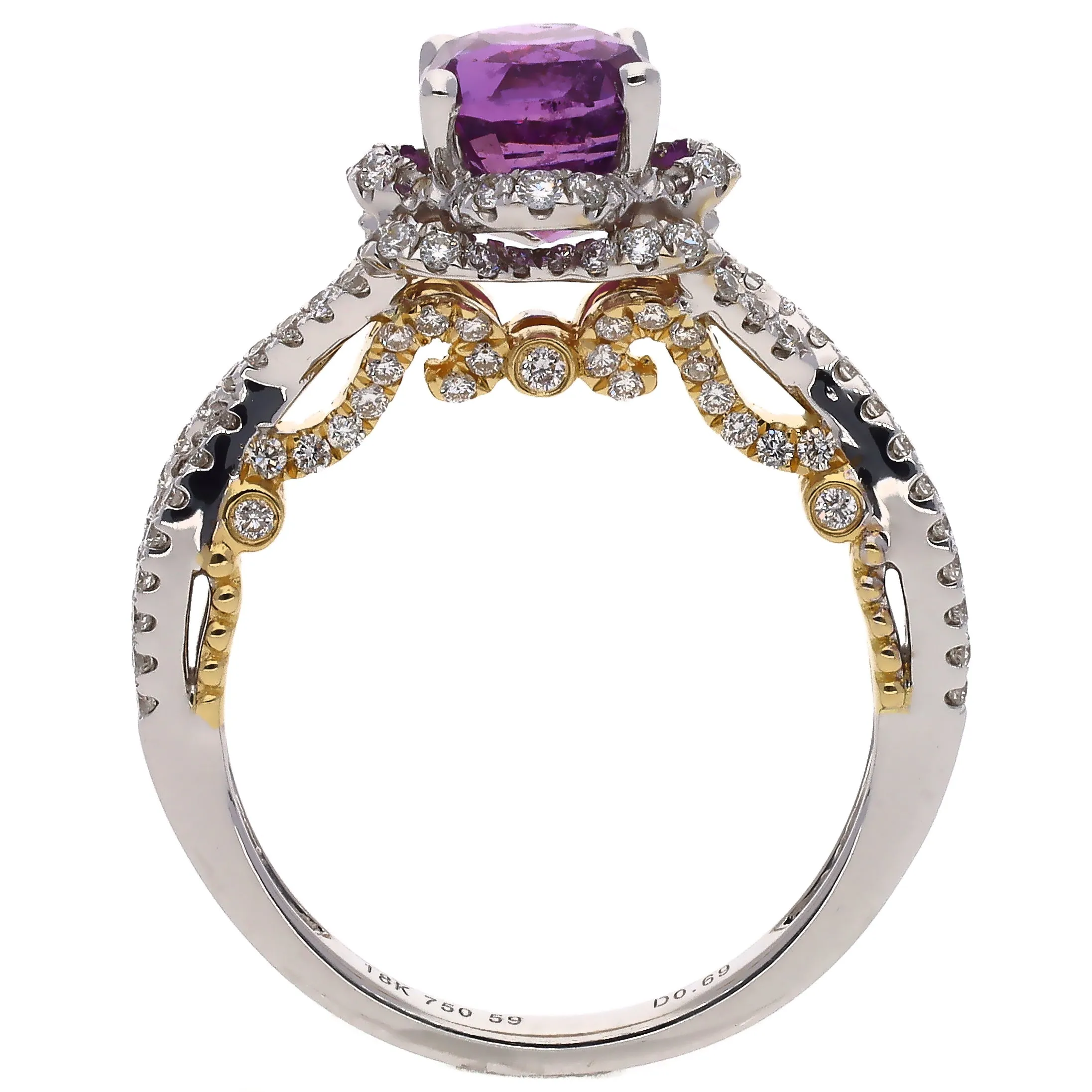 18K Two Tone White & Yellow Gold Oval Purple Sapphire and Diamond Ring Size 6.5