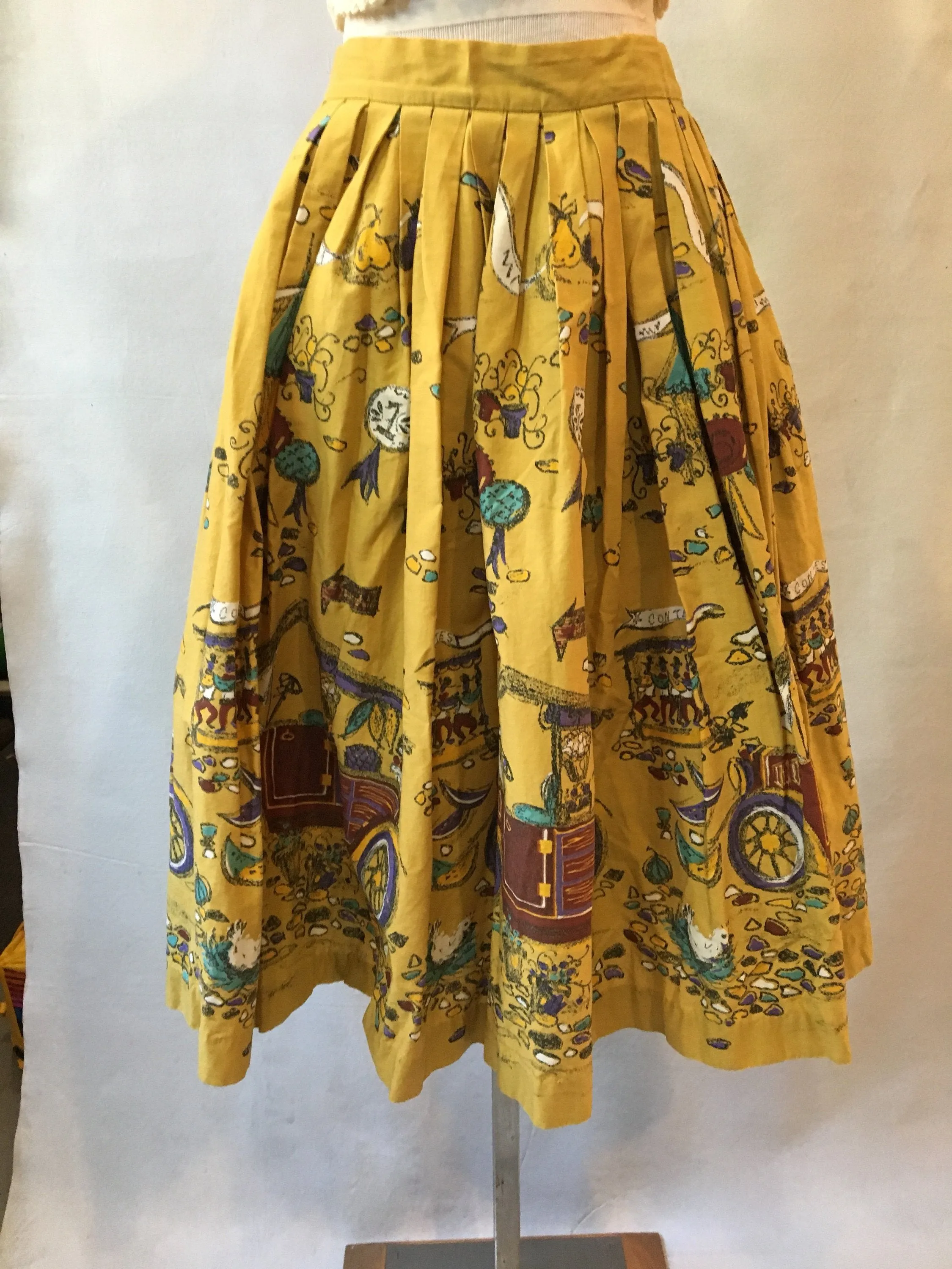 1950s Cotton Print Skirt, mustard with purple and turquoise details, size Small