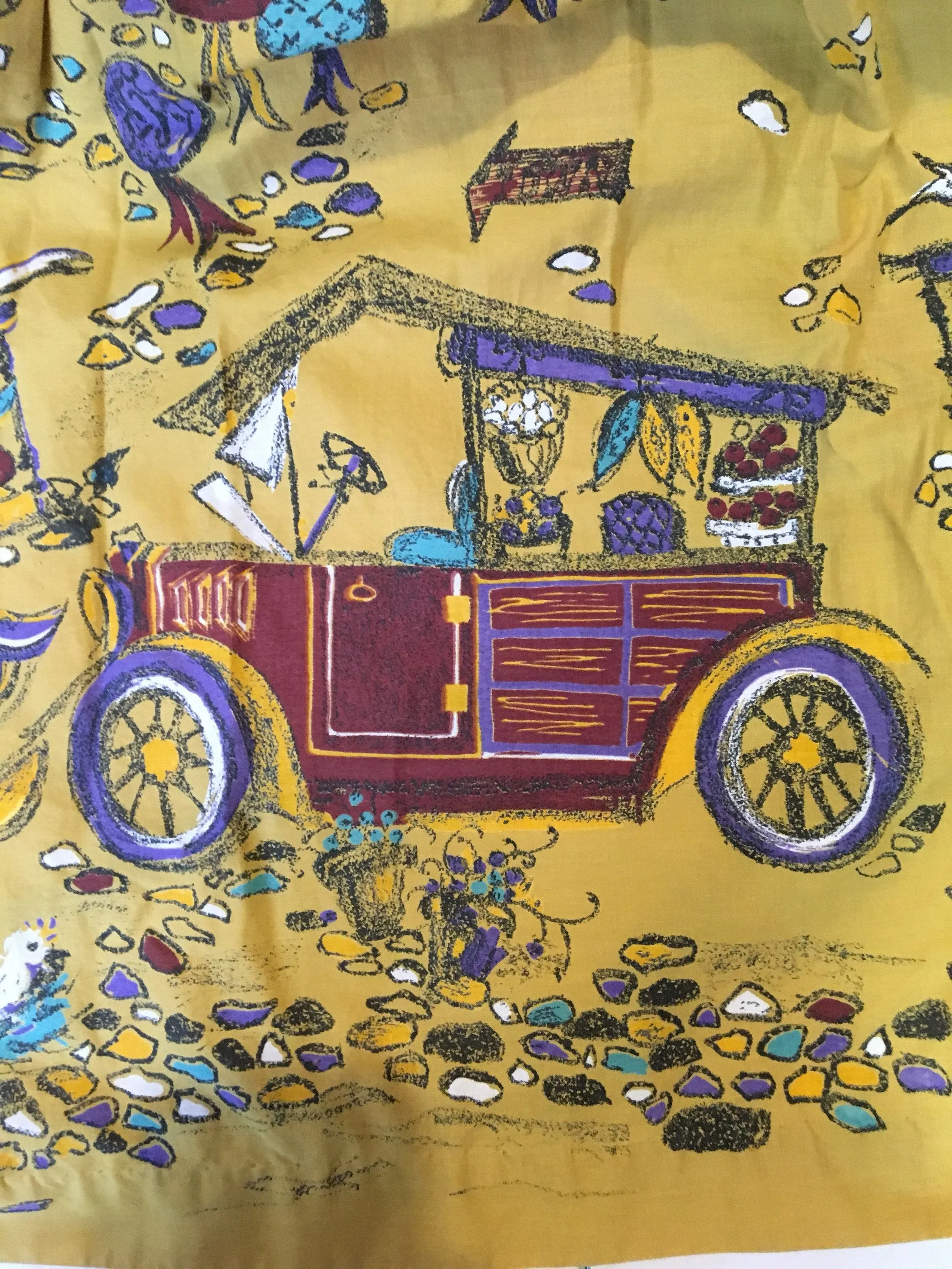 1950s Cotton Print Skirt, mustard with purple and turquoise details, size Small