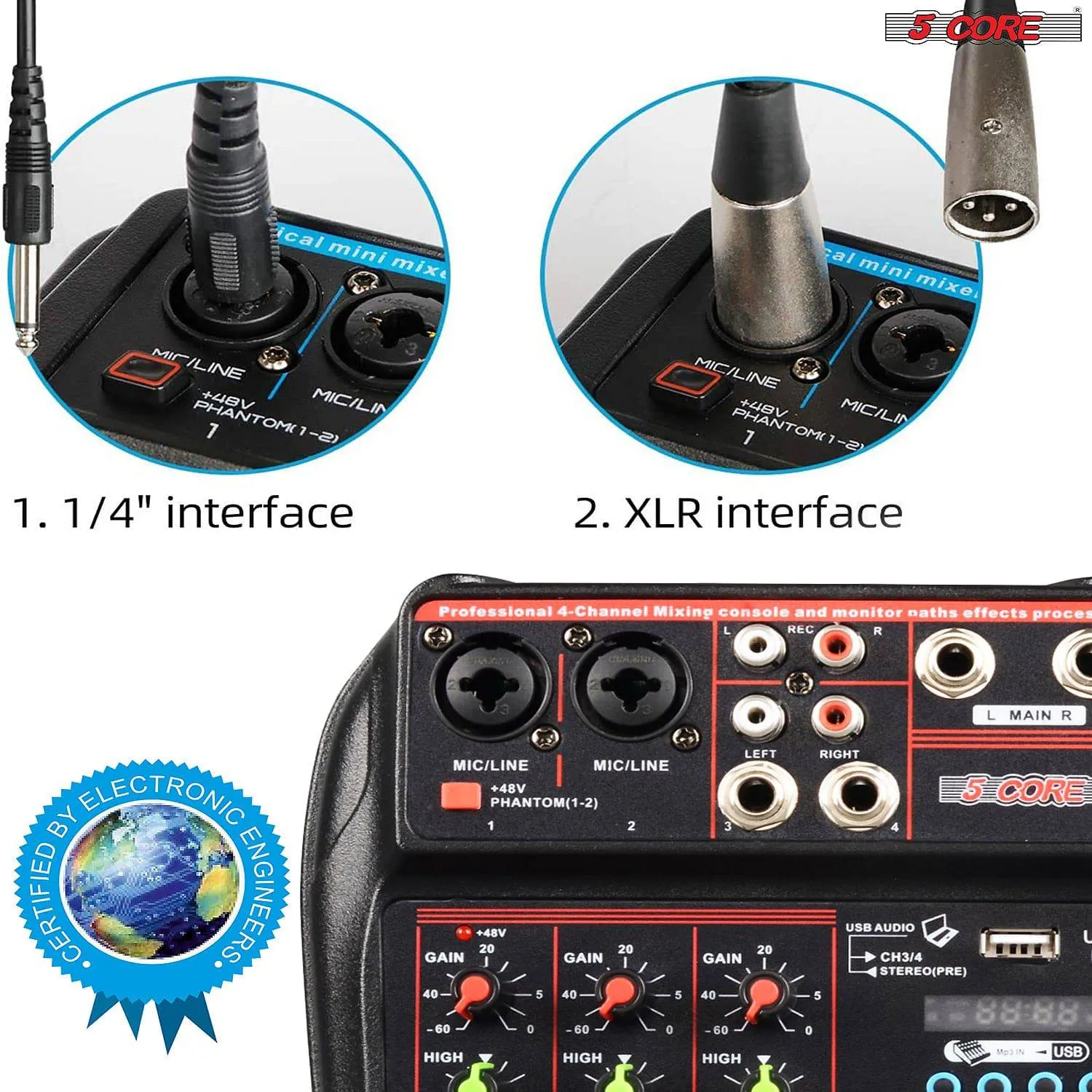 4 Channel Mini Audio Mixer Bluetooth USB DJ Console  Sound Card Studio