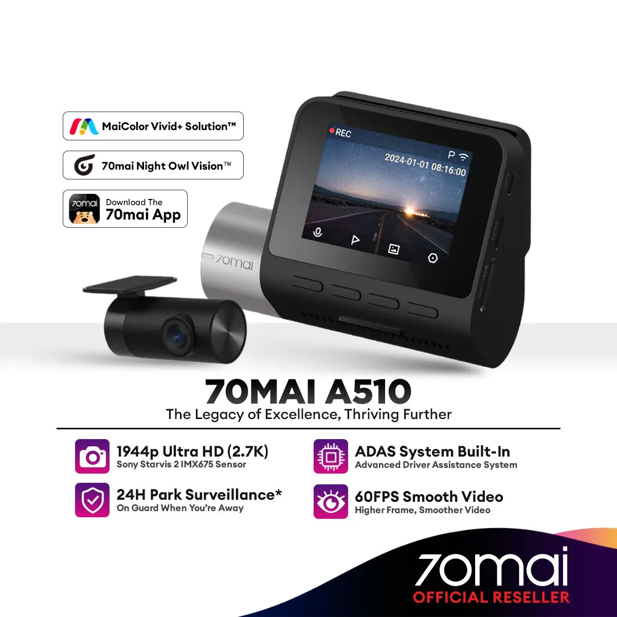 70mai A510 Dash Cam Dual Vision Car Recorder (Front   Rear) with GPS ADAS