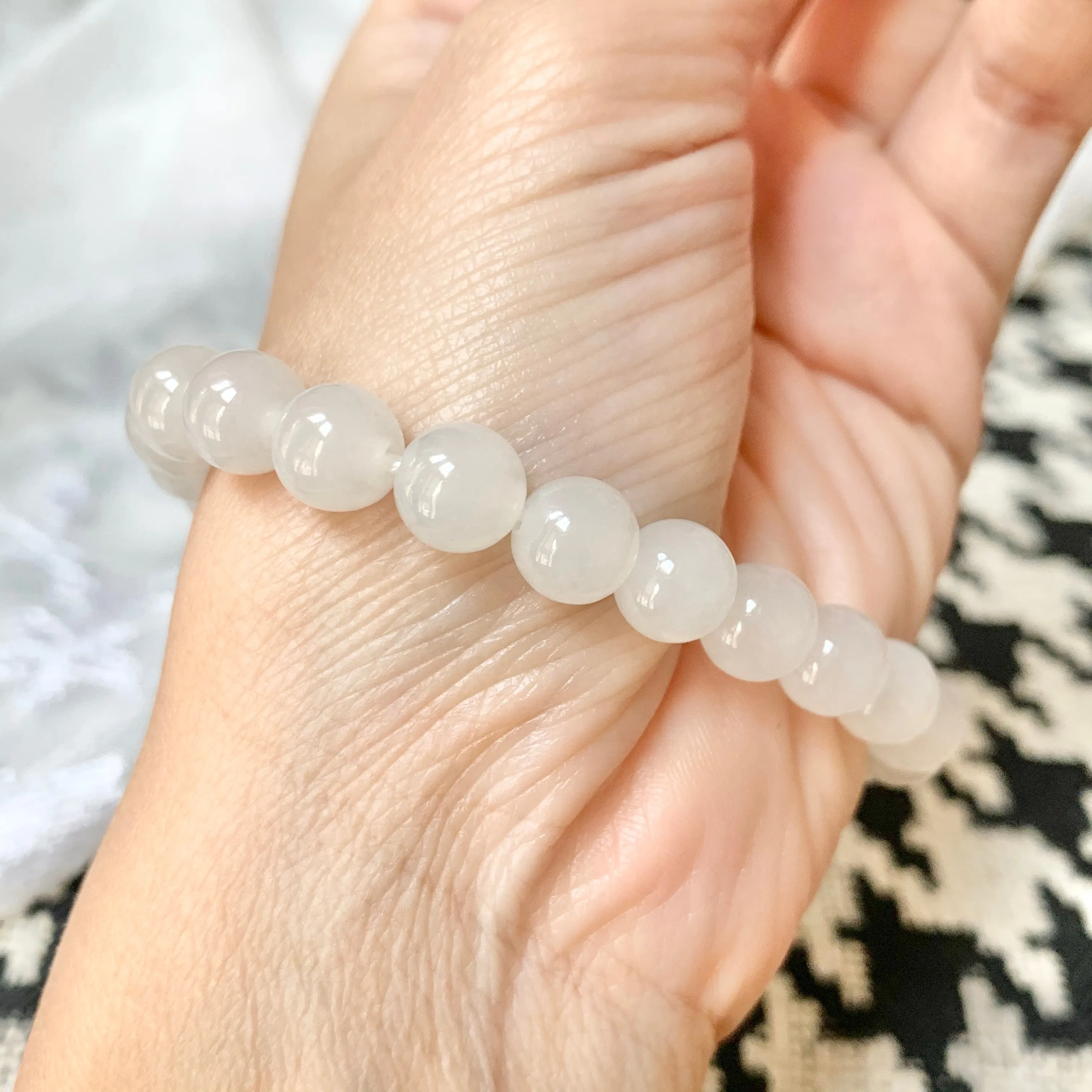 8.4mm A-Grade Natural White Jadeite Beaded Bracelet No.190211