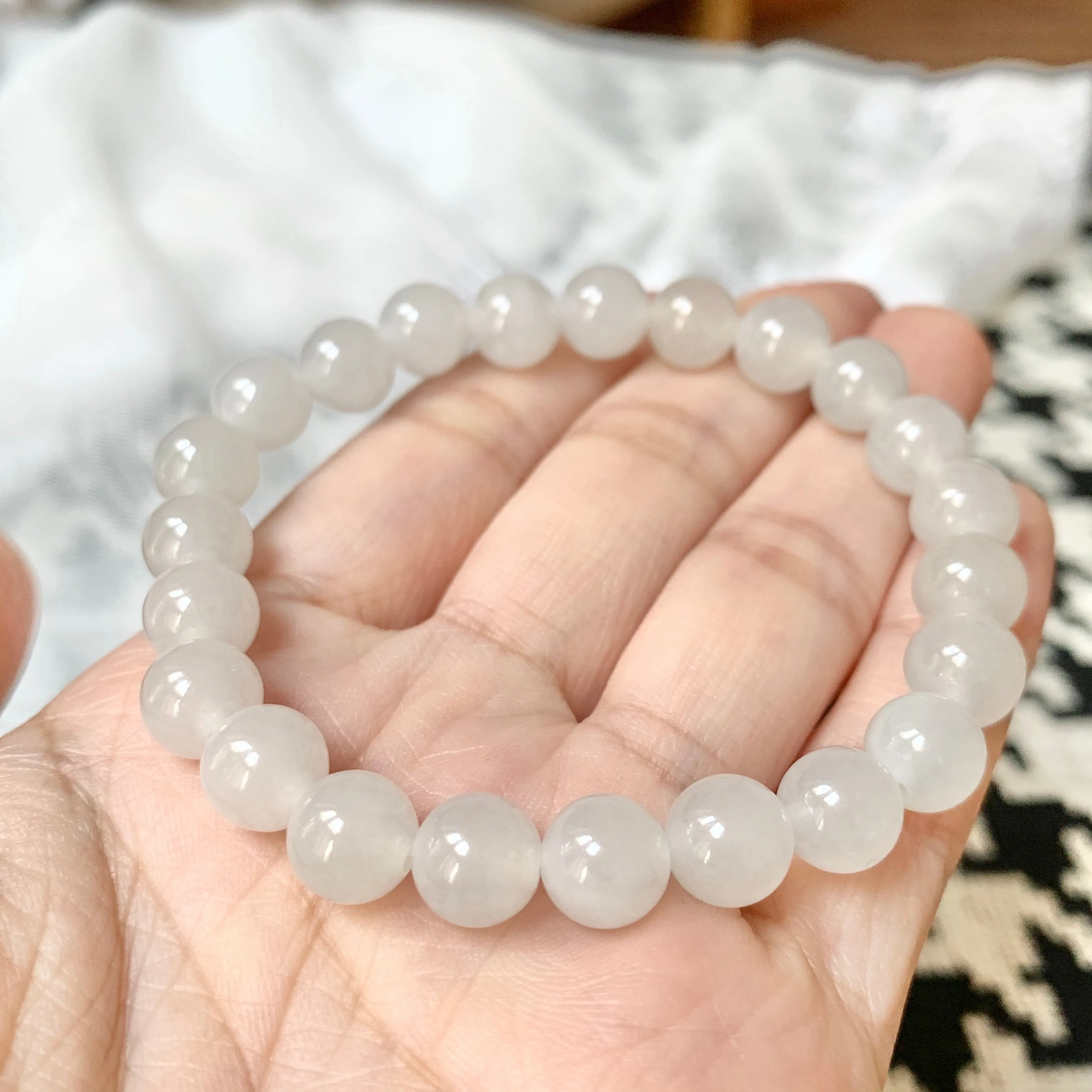 8.4mm A-Grade Natural White Jadeite Beaded Bracelet No.190211