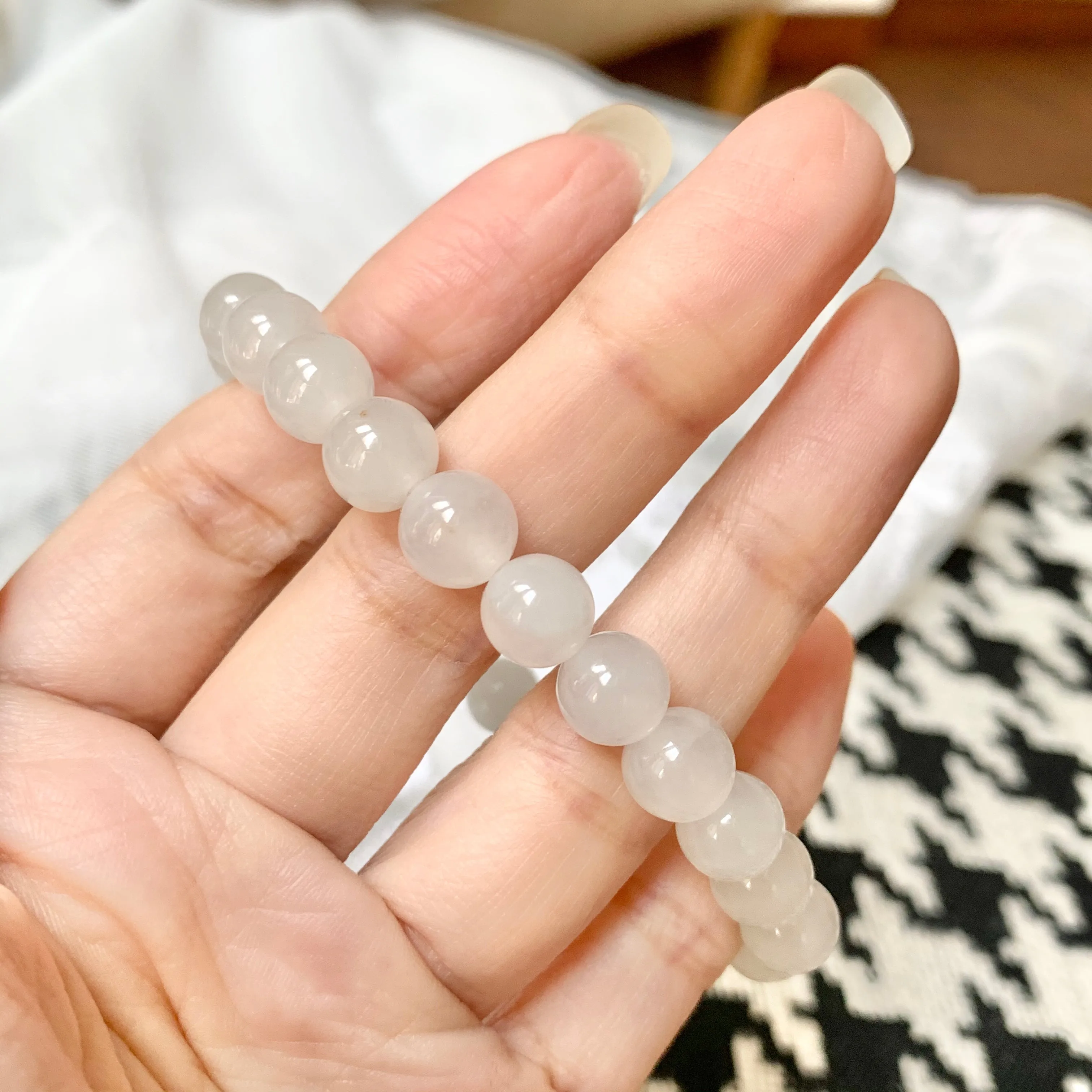 8.4mm A-Grade Natural White Jadeite Beaded Bracelet No.190211