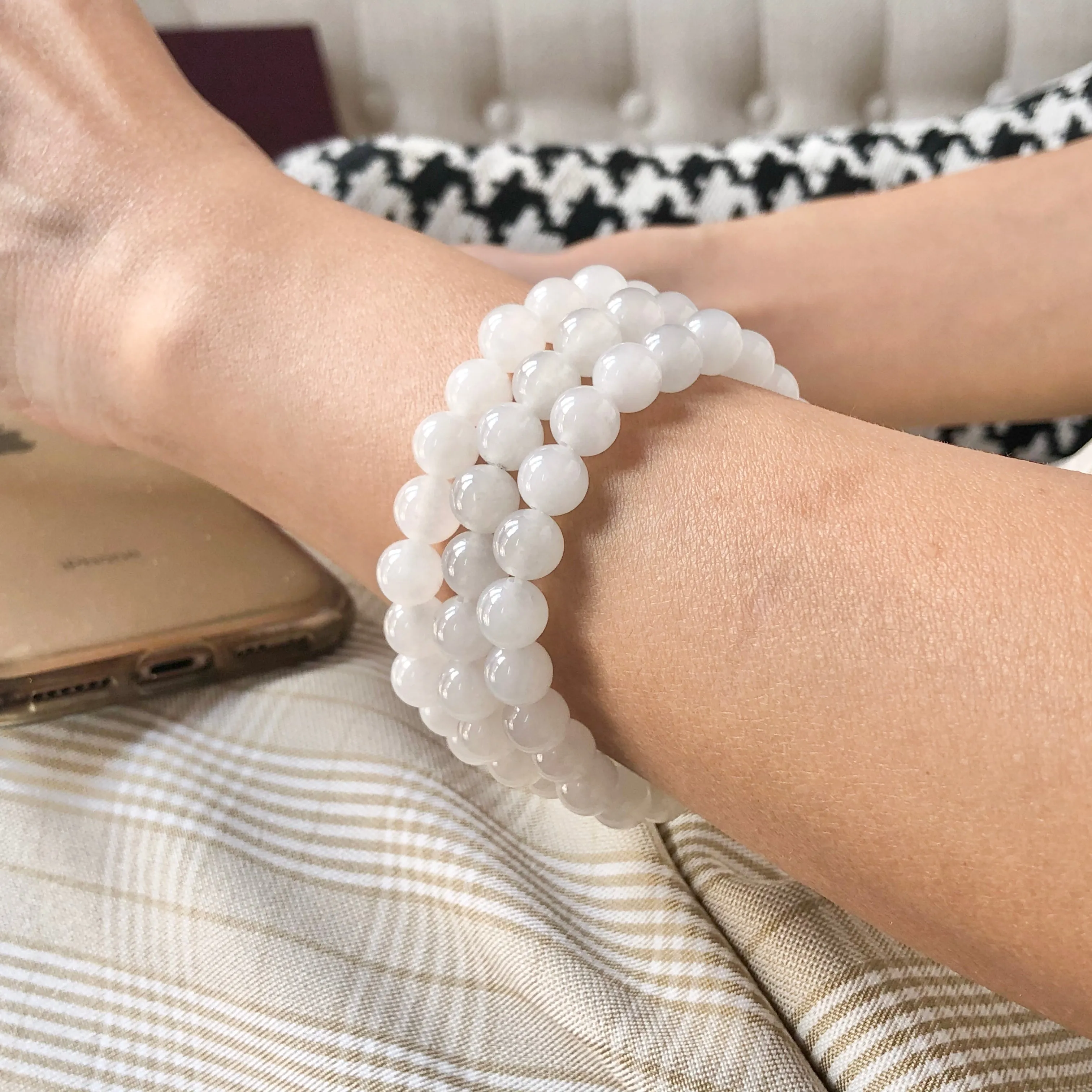 8.4mm A-Grade Natural White Jadeite Beaded Bracelet No.190211