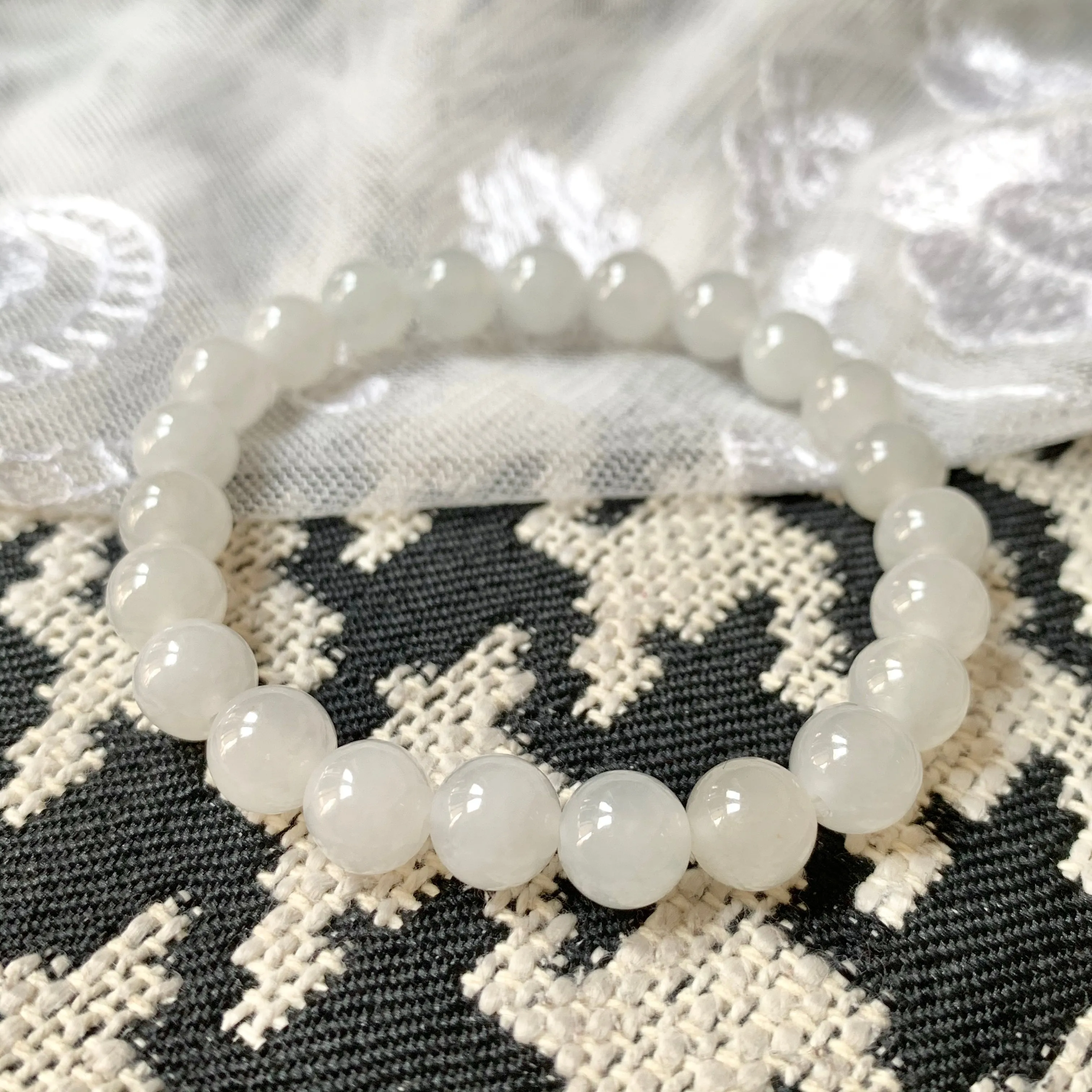 8.4mm A-Grade Natural White Jadeite Beaded Bracelet No.190211