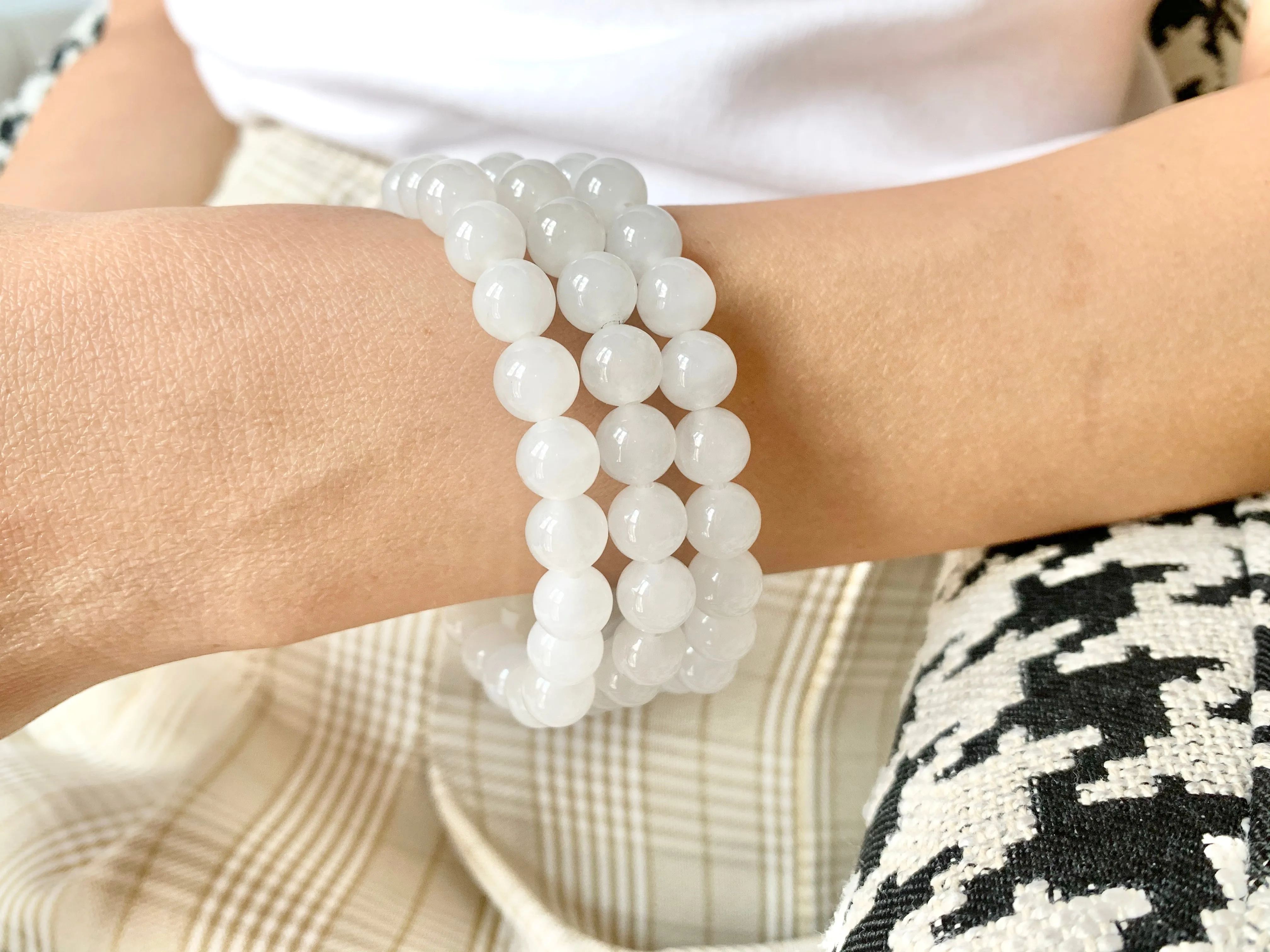 8.4mm A-Grade Natural White Jadeite Beaded Bracelet No.190211