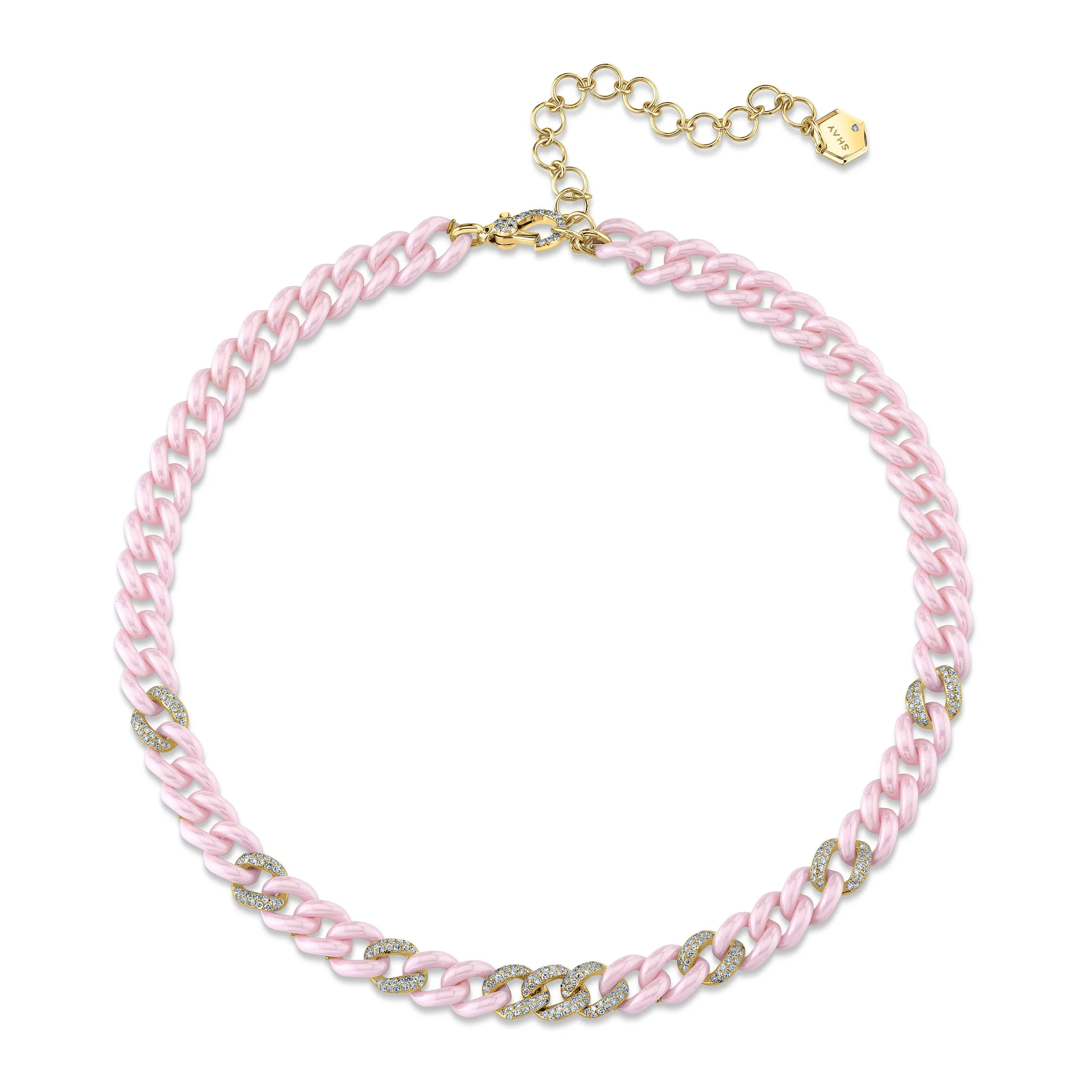 9 PAVE PINK CERAMIC MEDIUM LINK NECKLACE