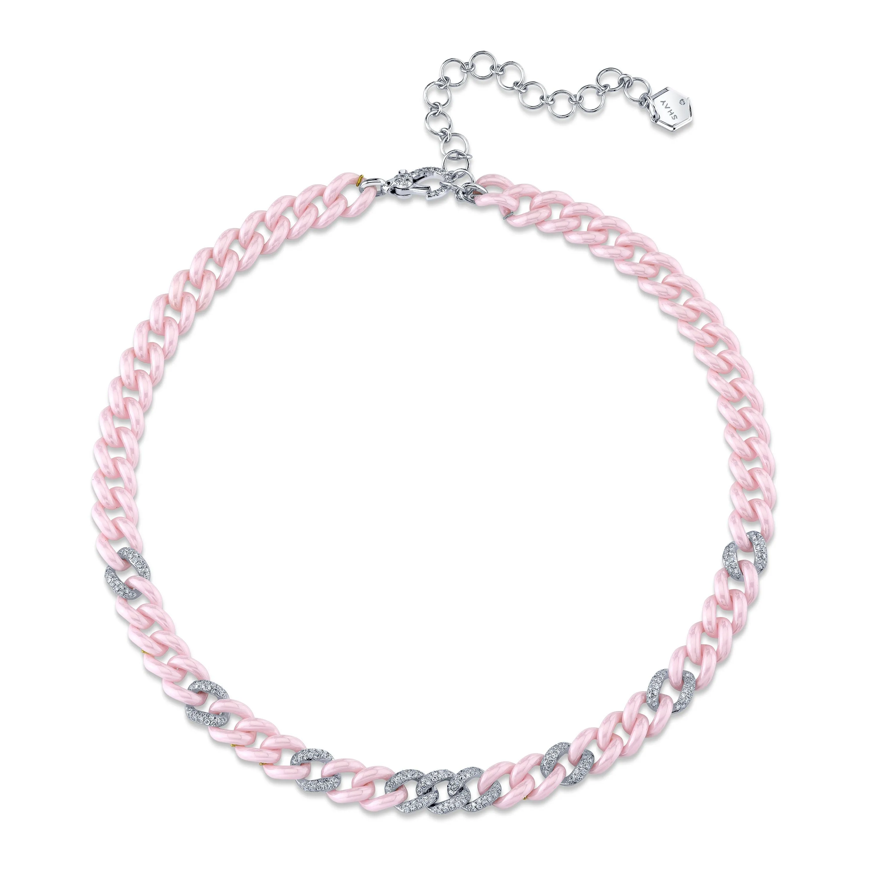 9 PAVE PINK CERAMIC MEDIUM LINK NECKLACE