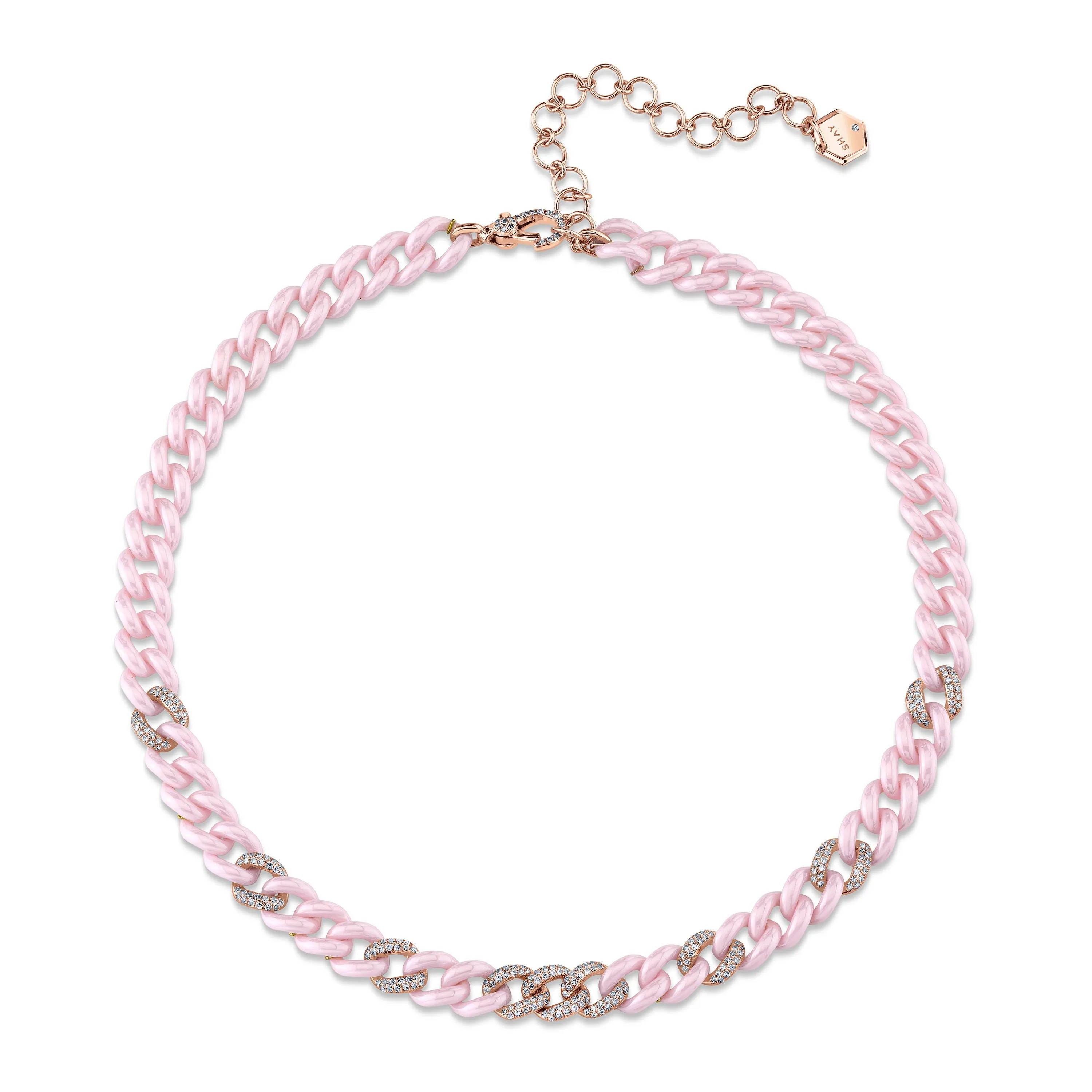 9 PAVE PINK CERAMIC MEDIUM LINK NECKLACE