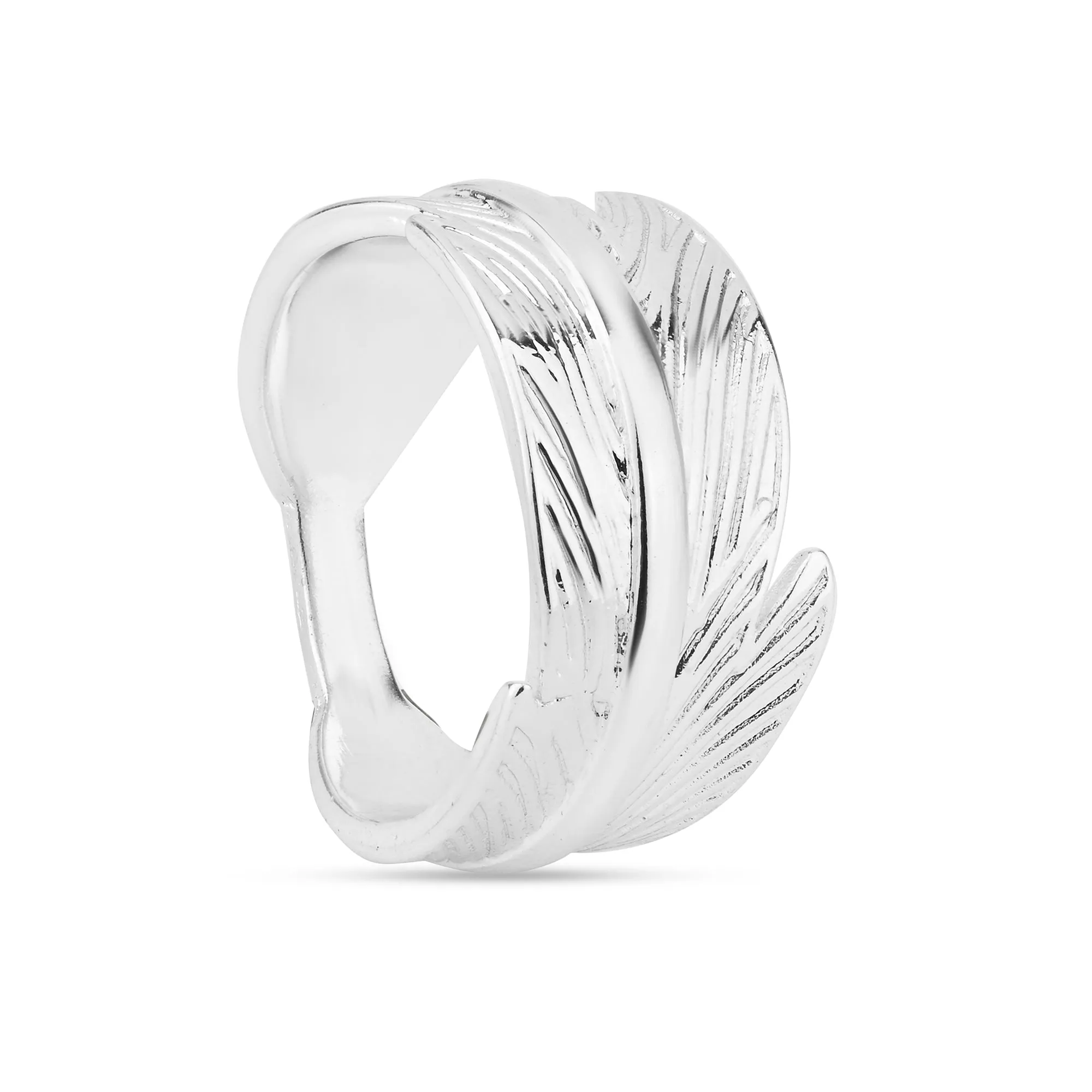 925 Sterling Silver-Plated Feather Ring Silver-Large