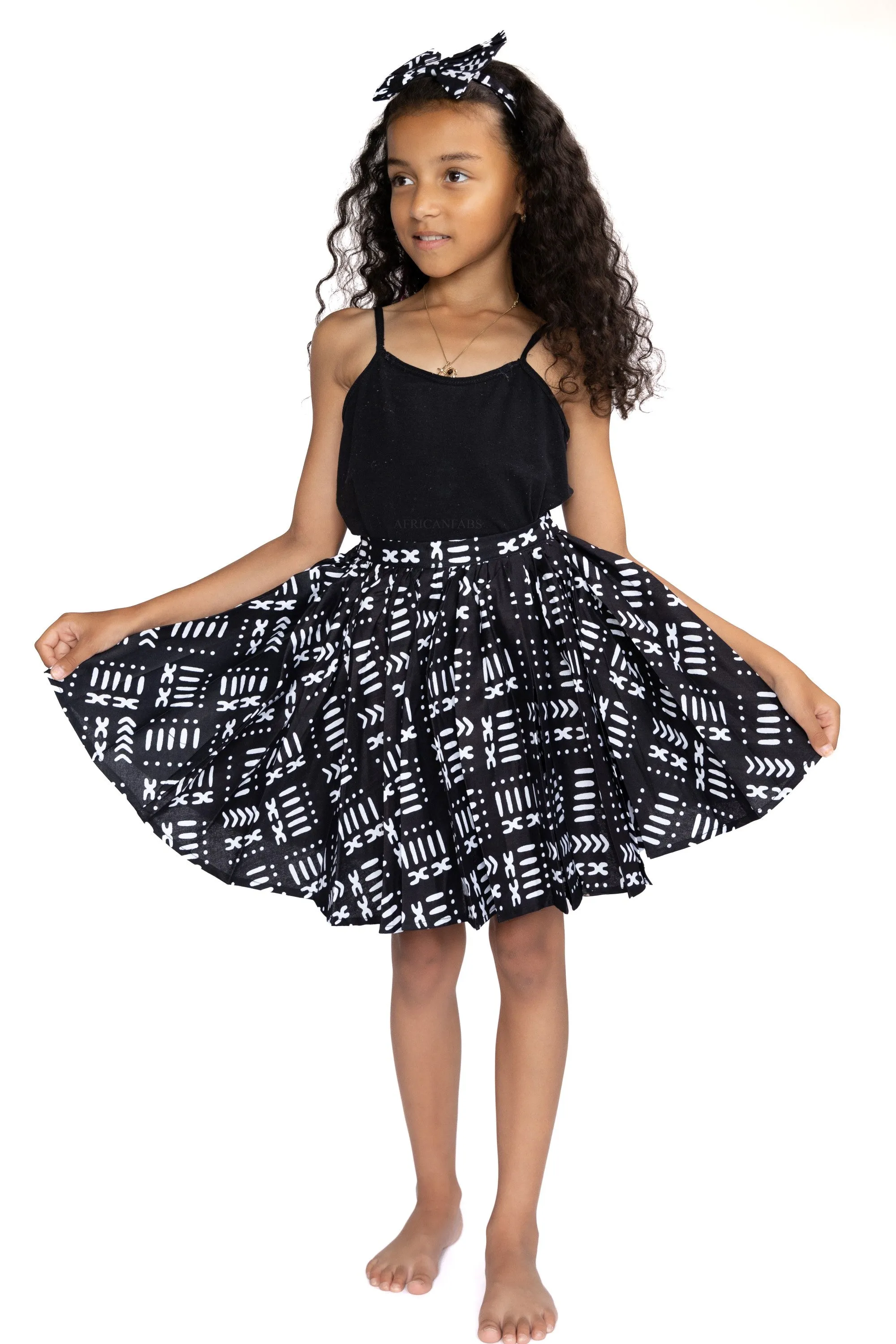 African print Kids Skirt   Headtie with Bow set - Black / white Bogolan ( 1 - 10 years )