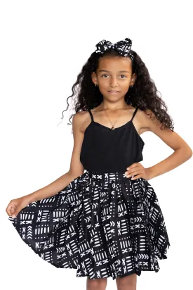 African print Kids Skirt   Headtie with Bow set - Black / white Bogolan ( 1 - 10 years )