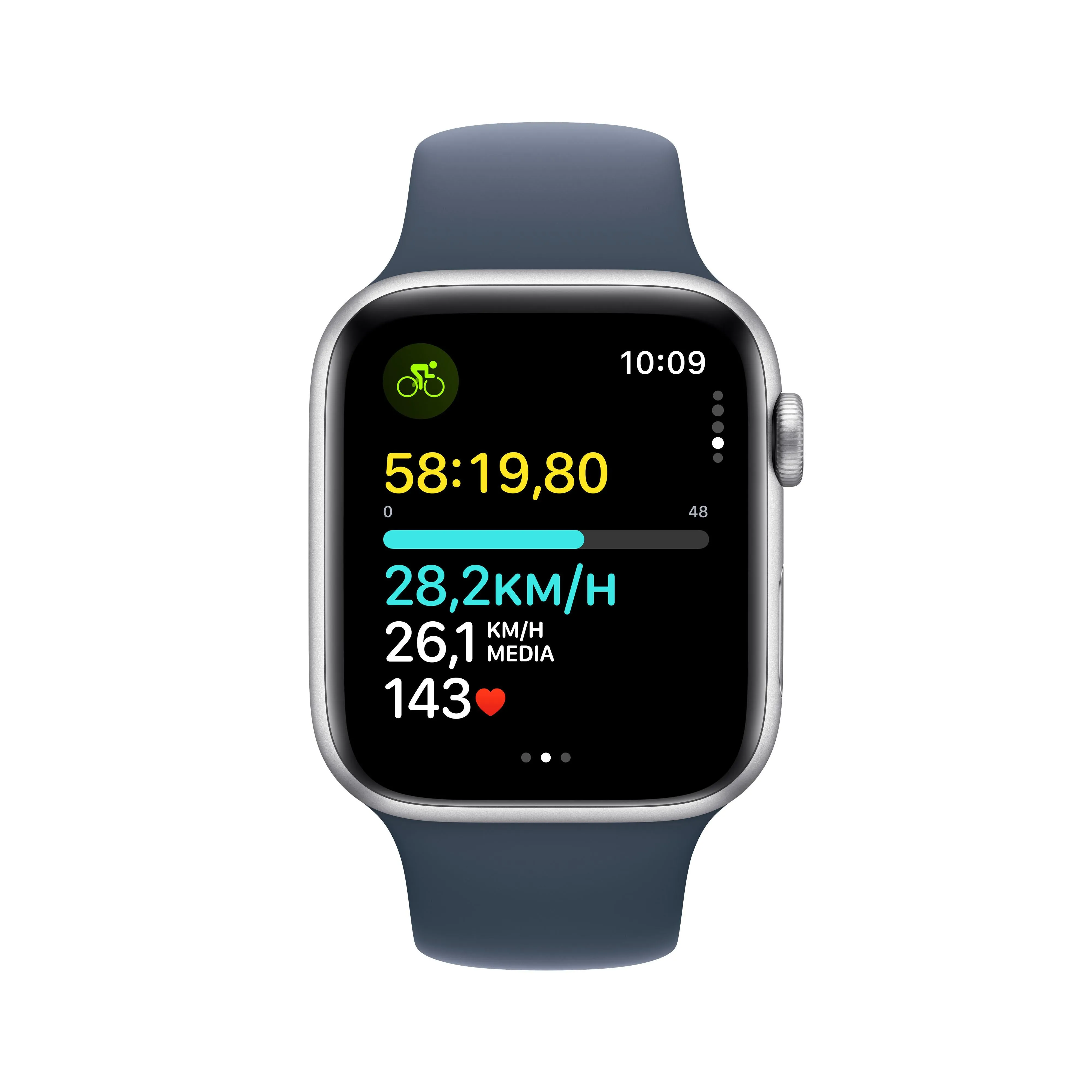 Apple Watch SE (GPS) - Caja de aluminio en plata de 44 mm - Correa deportiva azul tempestad - Talla M/L