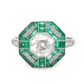 Art Deco Inspired 1.45 Carat Diamond Emerald Platinum Ring