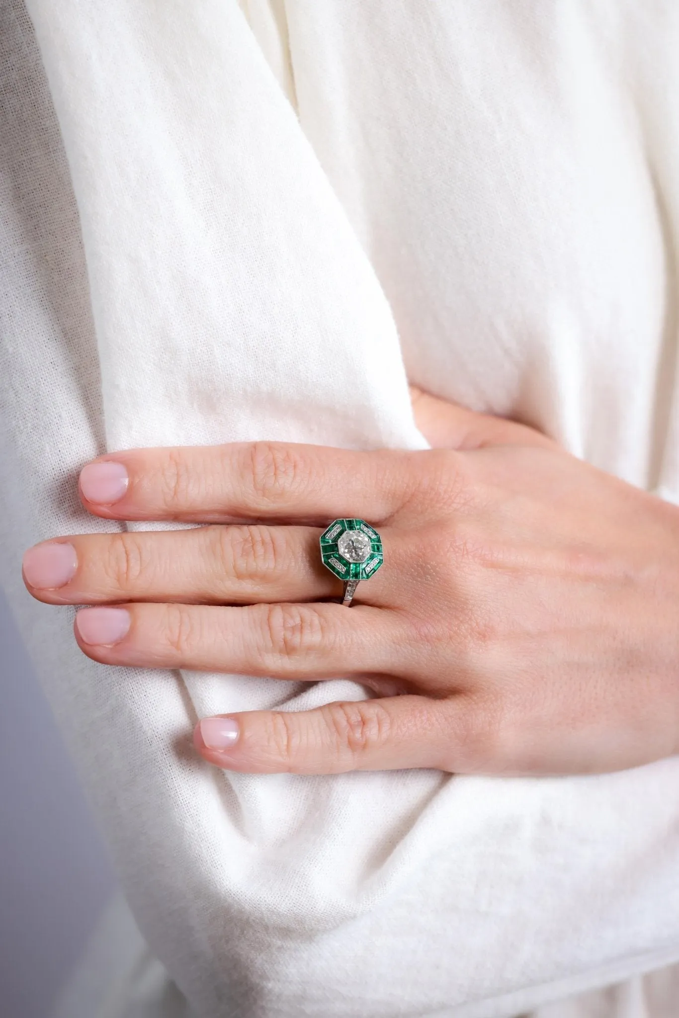 Art Deco Inspired 1.45 Carat Diamond Emerald Platinum Ring