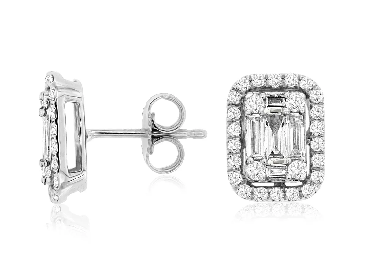 Baguette and Round Diamond Halo Cushion Shaped Earrings