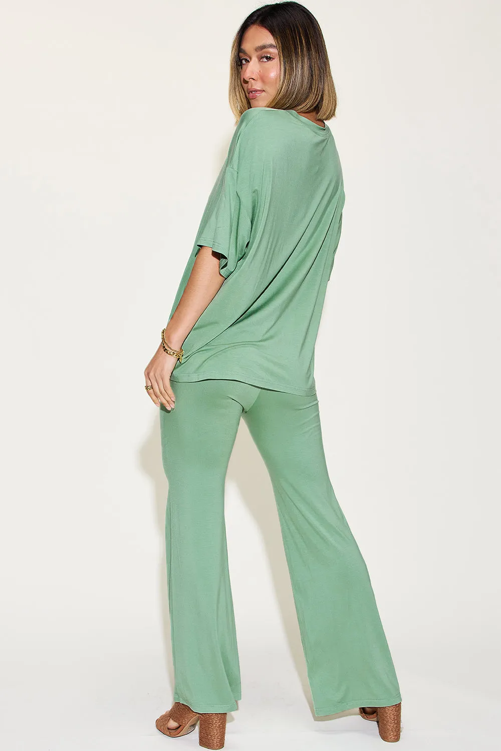 Basic Bae Full Size Bamboo Drop Shoulder T-Shirt and Flare Pants Set