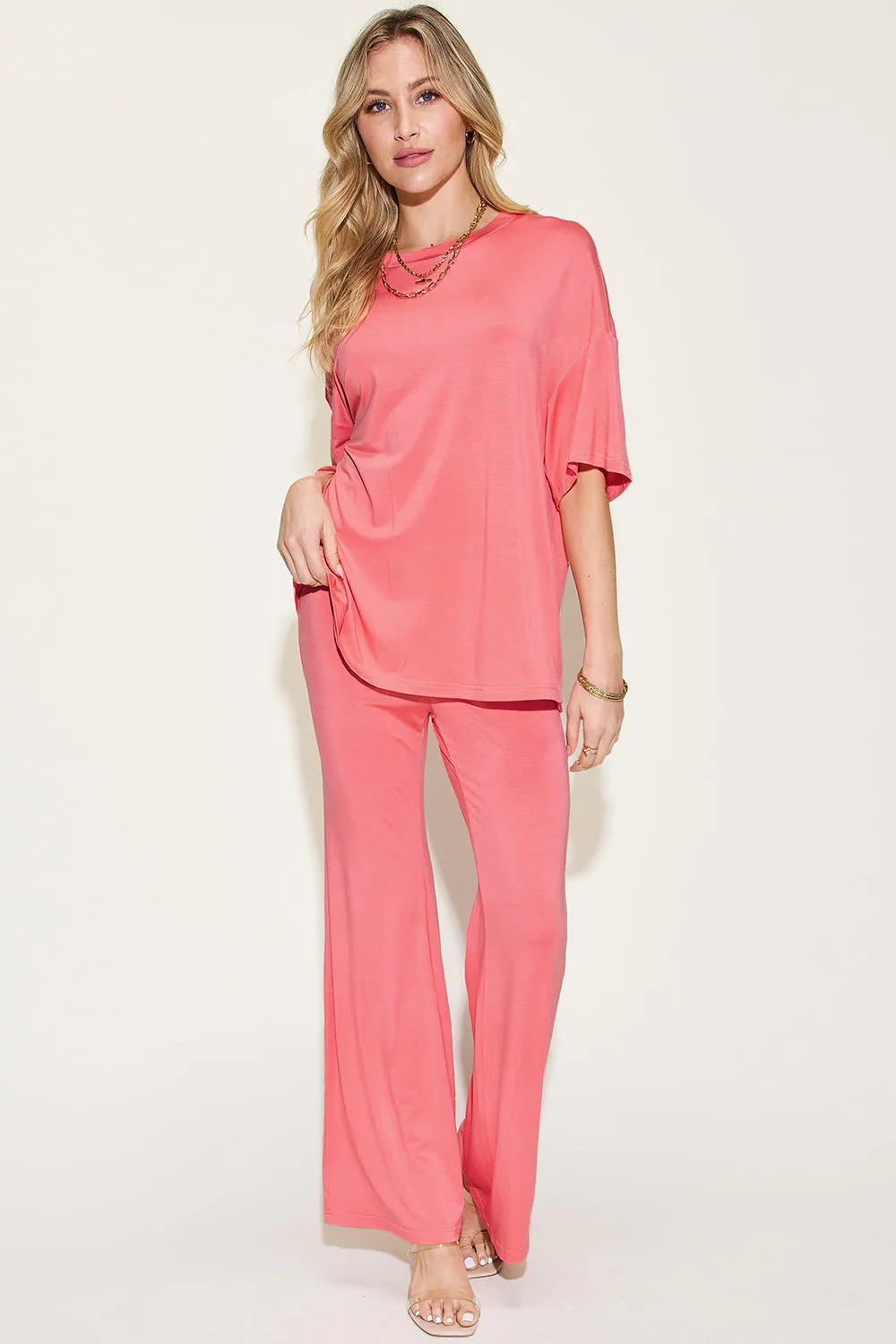 Basic Bae Full Size Bamboo Drop Shoulder T-Shirt and Flare Pants Set