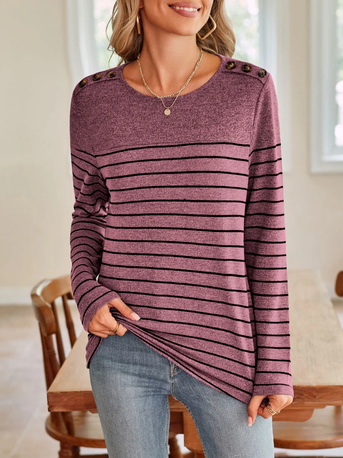 Beckey Striped Round Neck Long Sleeve T-Shirt - Ships 817