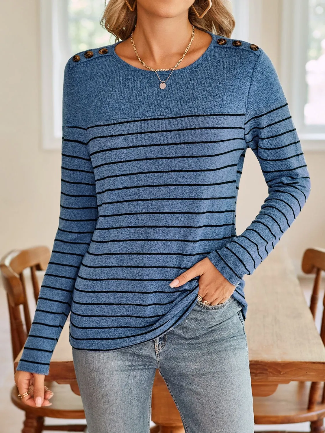 Beckey Striped Round Neck Long Sleeve T-Shirt - Ships 817