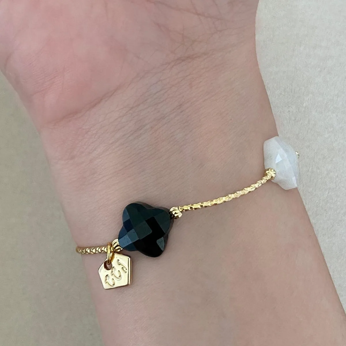 Black Onyx & Han White Jade Clover La Grace Bracelet