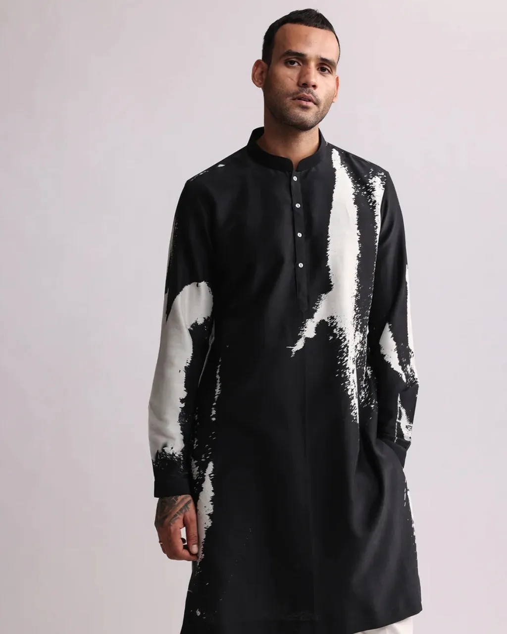 Black Shadow Placement Print Kurta Set