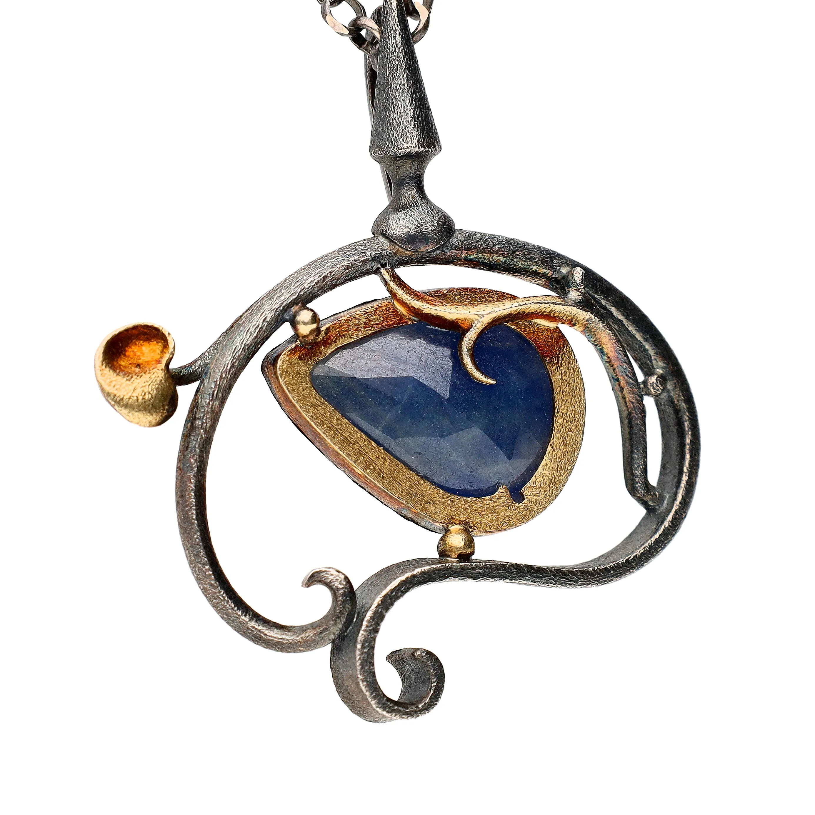 Bora Jewelry of Brooklyn Sterling Silver & Bronze Necklace w/ Pear Shaped Sapphire