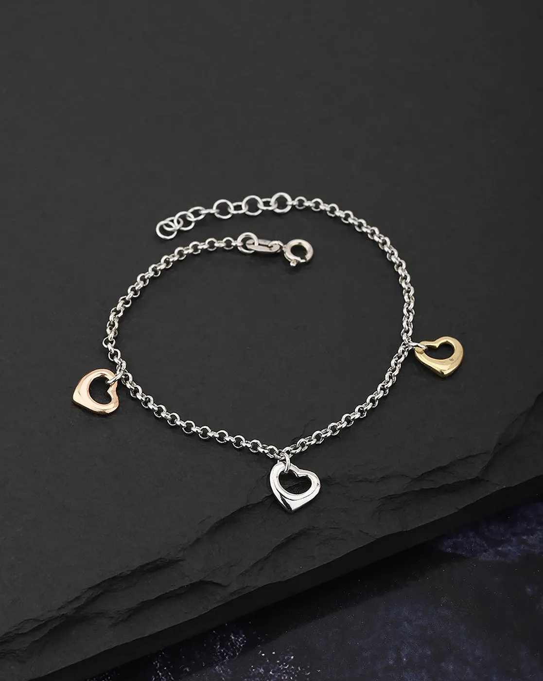 Carlton London Double Toned Rhodium Plated Heart-Shape Charm Bracelet