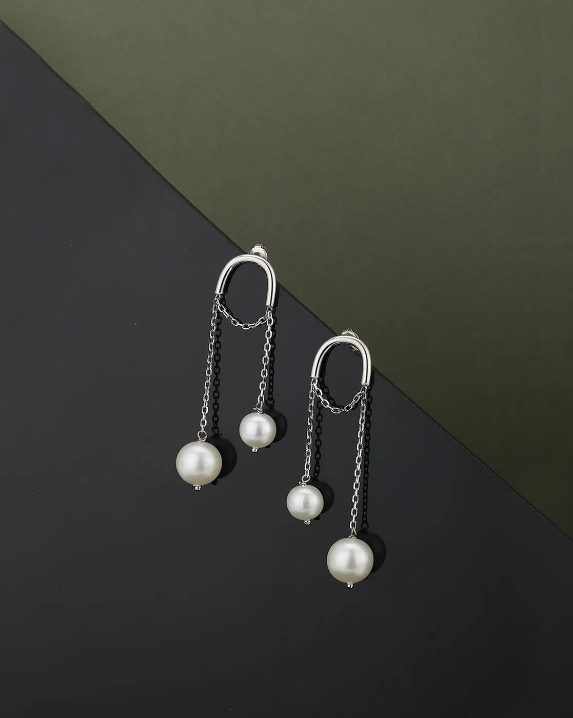 Carlton London Rhodium Plated Contemporary Drop Earring With Dangling Pearl