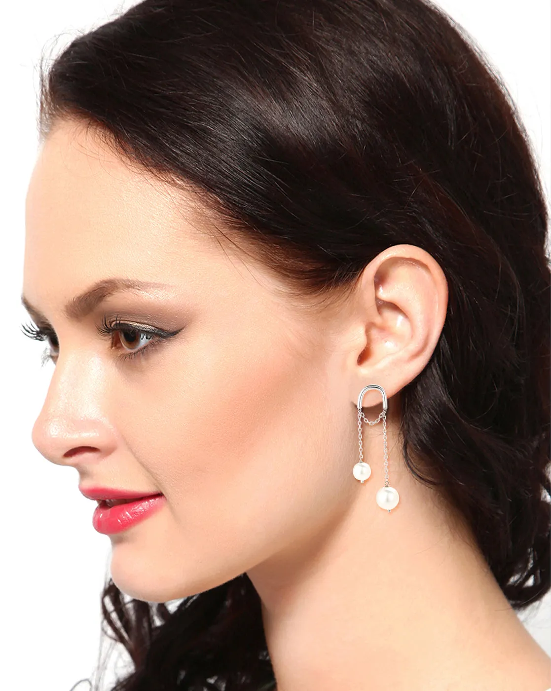 Carlton London Rhodium Plated Contemporary Drop Earring With Dangling Pearl