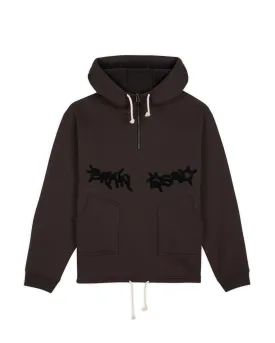 Chenille Embroidered Half Zip Hoodie - Black