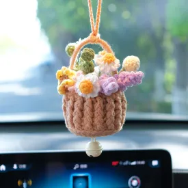 Cute Knitted Flowers Basket Crochet Plant Car Mirror Hanging Accessories Gift for Her