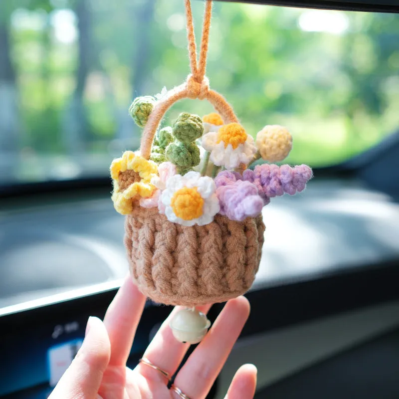 Cute Knitted Flowers Basket Crochet Plant Car Mirror Hanging Accessories Gift for Her