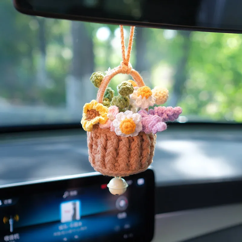 Cute Knitted Flowers Basket Crochet Plant Car Mirror Hanging Accessories Gift for Her