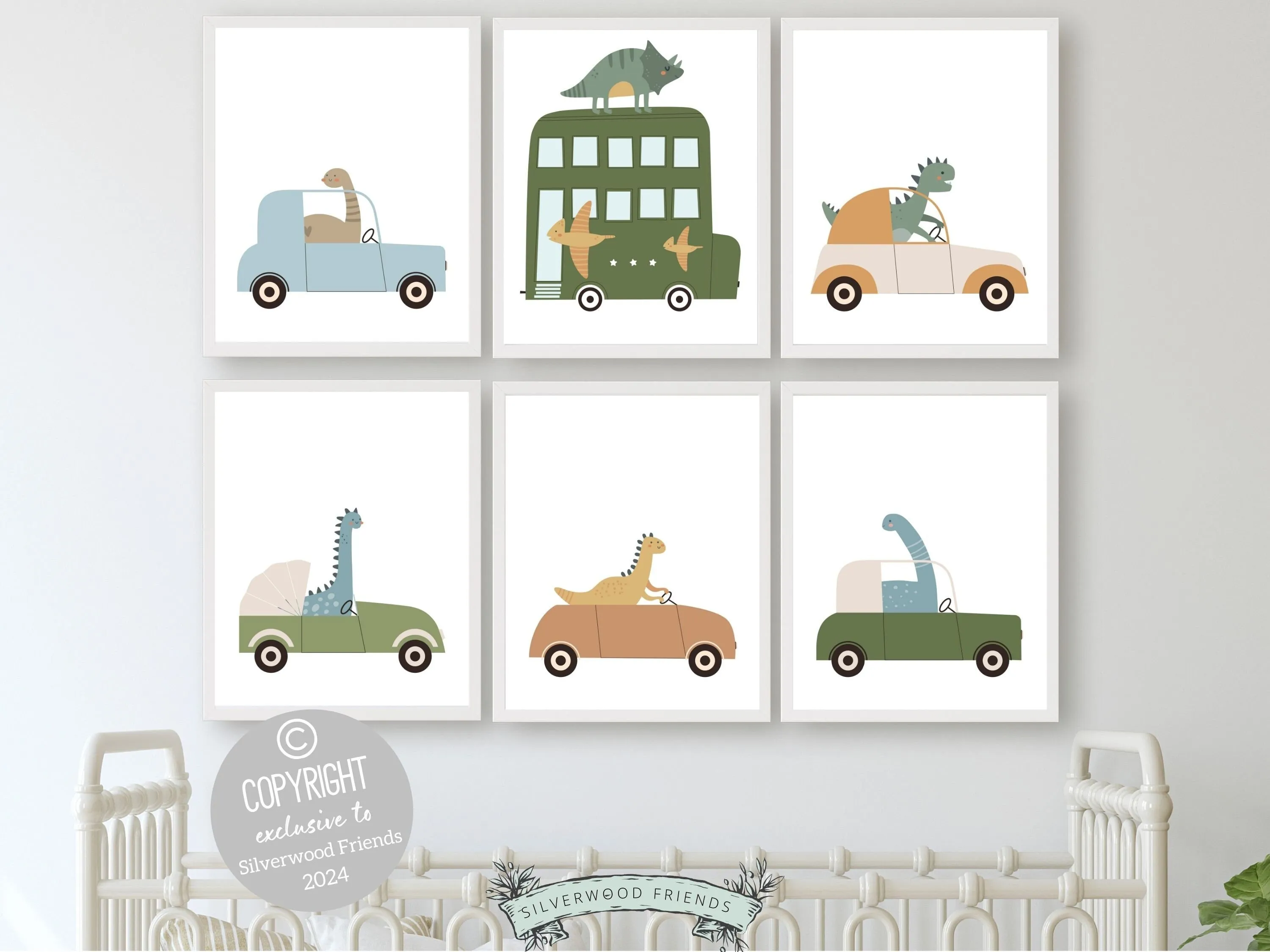 Dinosaur Car Nursery Prints - Set of 6