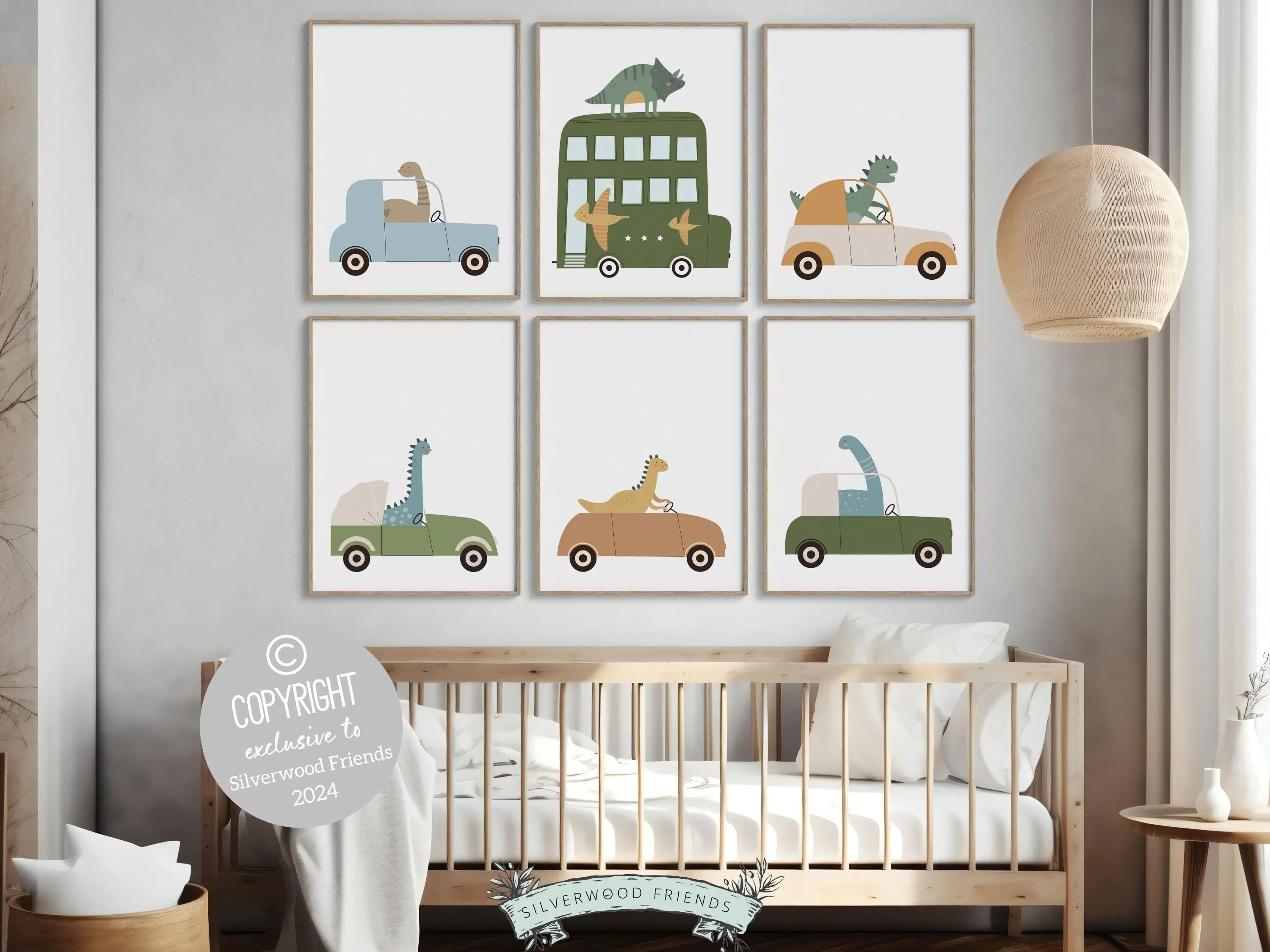 Dinosaur Car Nursery Prints - Set of 6