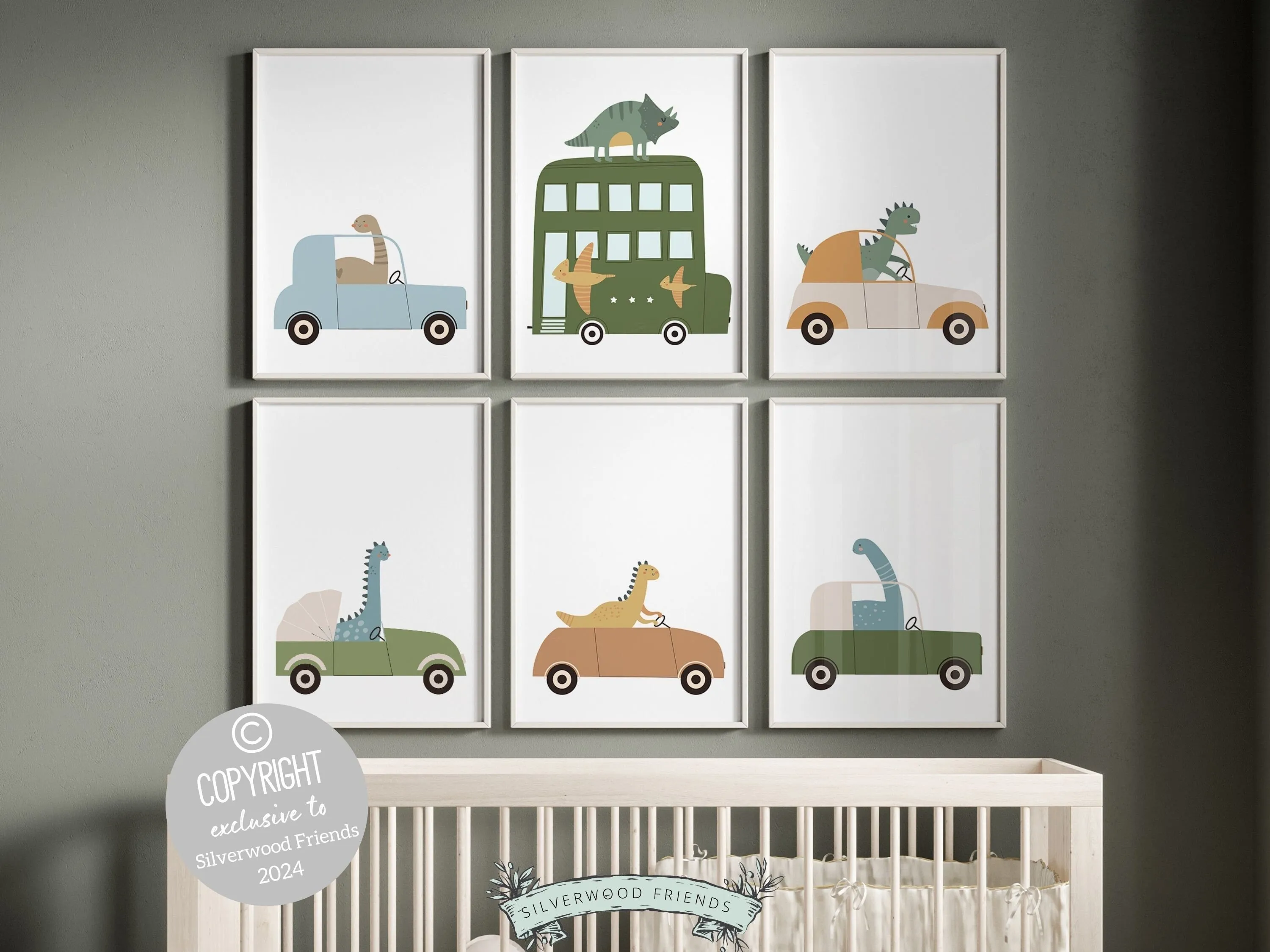 Dinosaur Car Nursery Prints - Set of 6