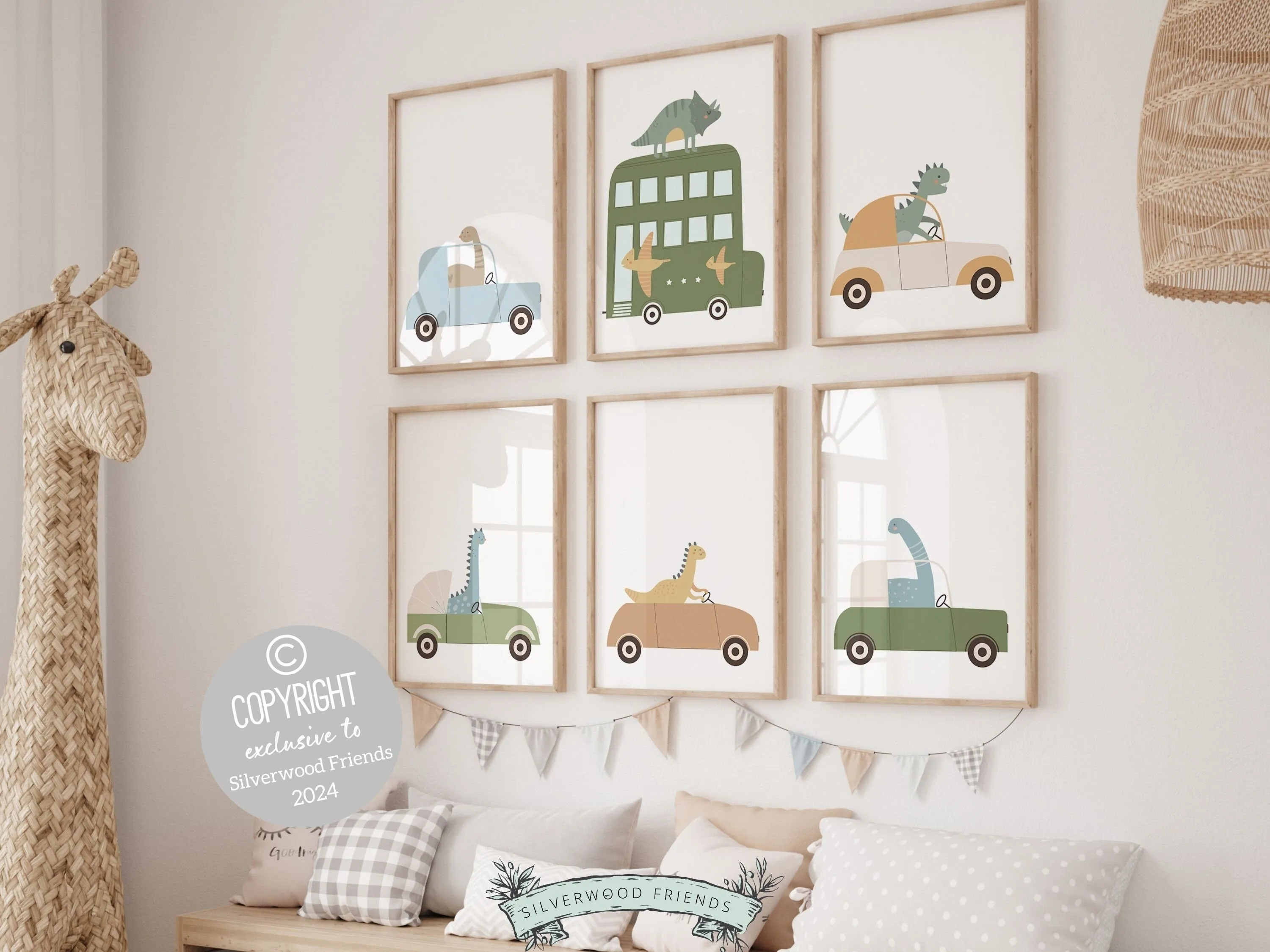 Dinosaur Car Nursery Prints - Set of 6