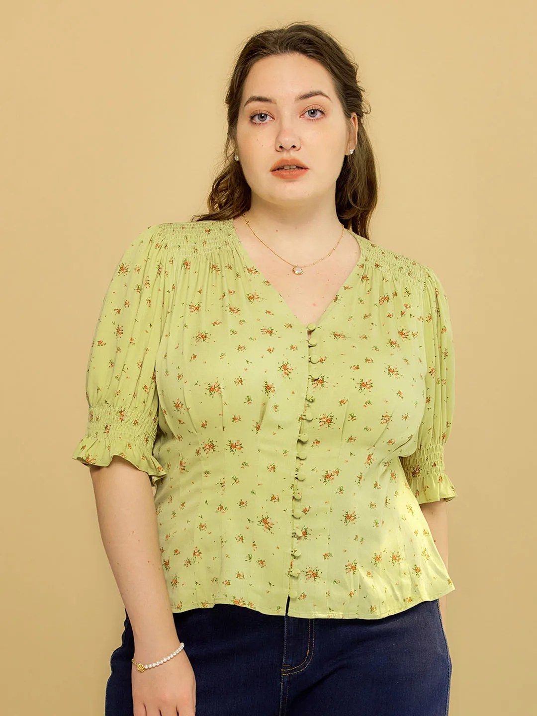 【Final Sale】Plus Size Rosalina V-Neck Puff Sleeve Shirt