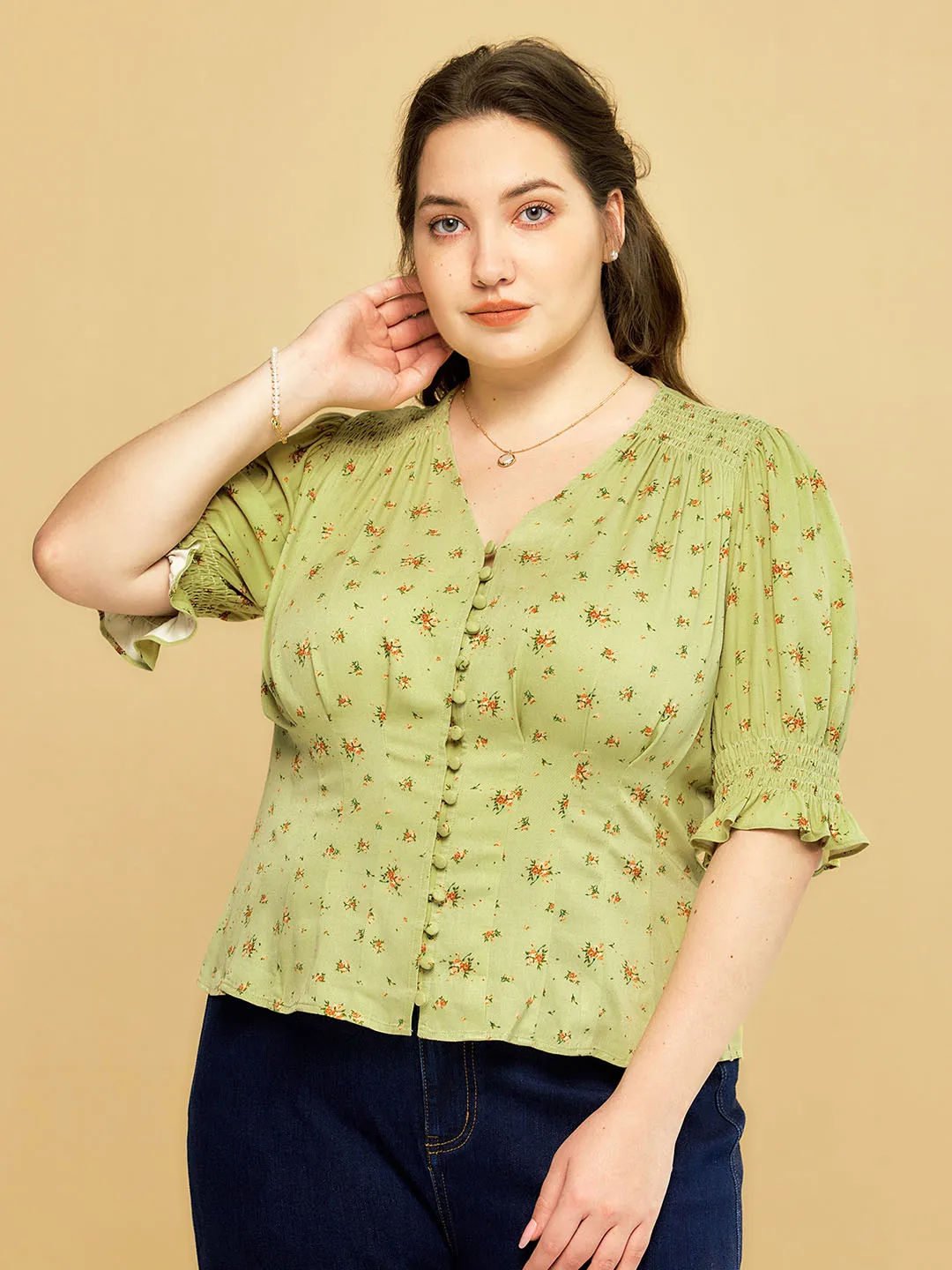 【Final Sale】Plus Size Rosalina V-Neck Puff Sleeve Shirt